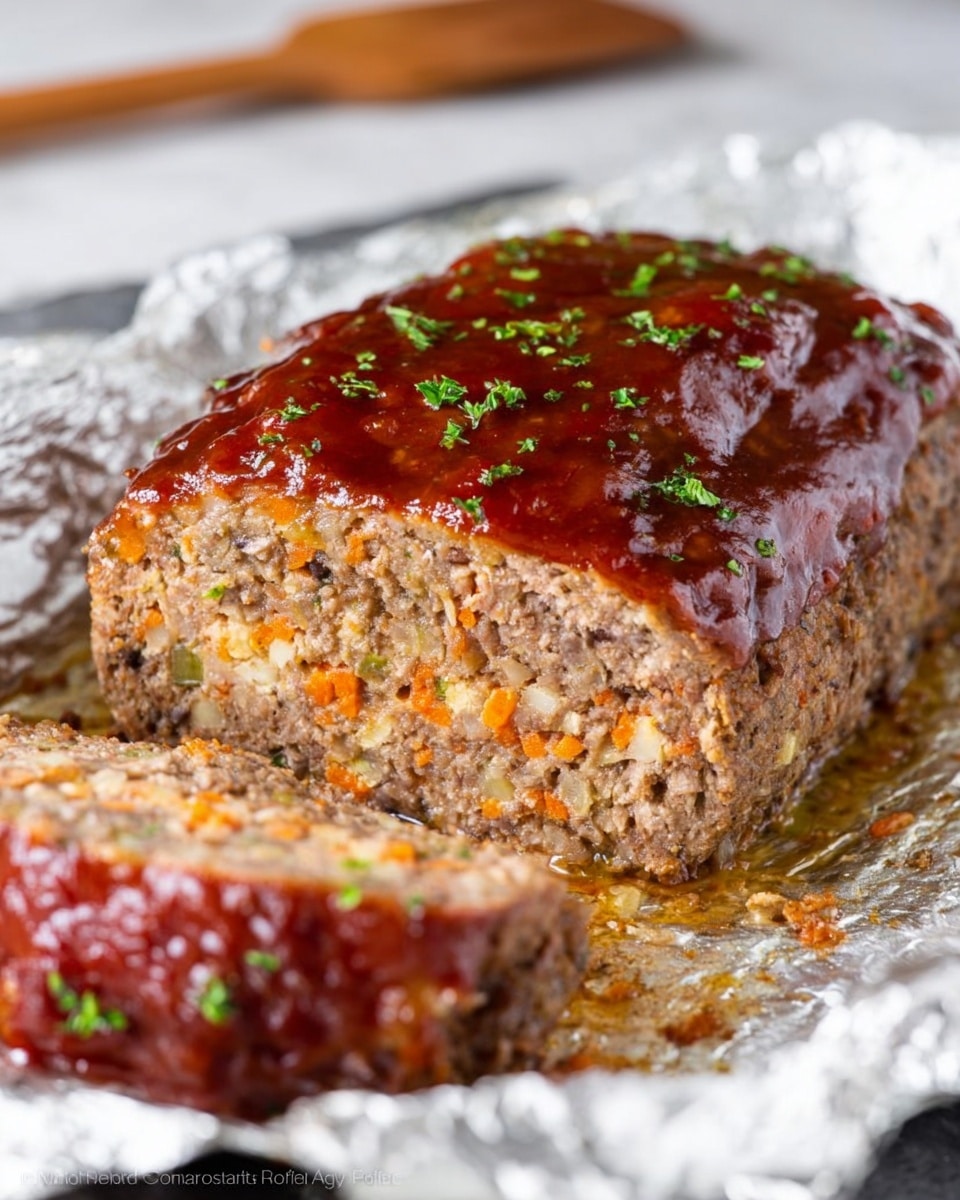 A meatloaf with a shiny reddish-brown sauce glazed on top, sprinkled with small green herb pieces. The meatloaf is cut to show two layers inside: a dense middle layer with finely chopped orange carrots and beige bits, surrounded by a thicker brown outer layer. It sits on a foil-lined pan, with some sauce drips around it. The background is a white marbled surface with a wooden utensil blurred in the back. Photo taken with an iphone --ar 4:5 --v 7