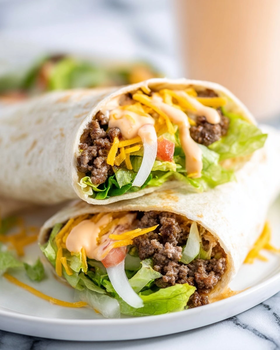 A close-up view of two white tortillas wrapped into burritos stacked one on top of the other, showing four main layers visible inside: at the bottom, a base of green leafy lettuce; above it, a layer of thin white onion rings scattered; next, a layer of shredded yellow cheddar cheese; and on top, browned ground beef pieces mixed with some green lettuce and small diced tomato bits all drizzled with an orange creamy sauce. The burritos rest on a white plate with a white marbled surface underneath, and a blurred light-colored drink is in the background. photo taken with an iphone --ar 4:5 --v 7