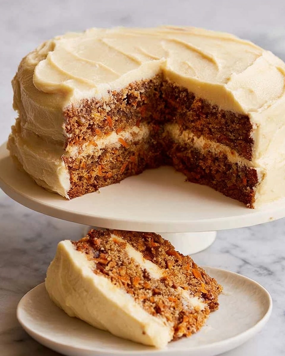 A two-layer carrot cake with a thick, creamy light beige frosting covers the entire cake smoothly. The cake layers are dark brown with visible bits of carrot and nuts inside. A slice has been cut out and is being lifted from a white plate, showing the moist texture of the cake and the creamy frosting between the layers. The background is a white marbled texture. photo taken with an iphone --ar 4:5 --v 7