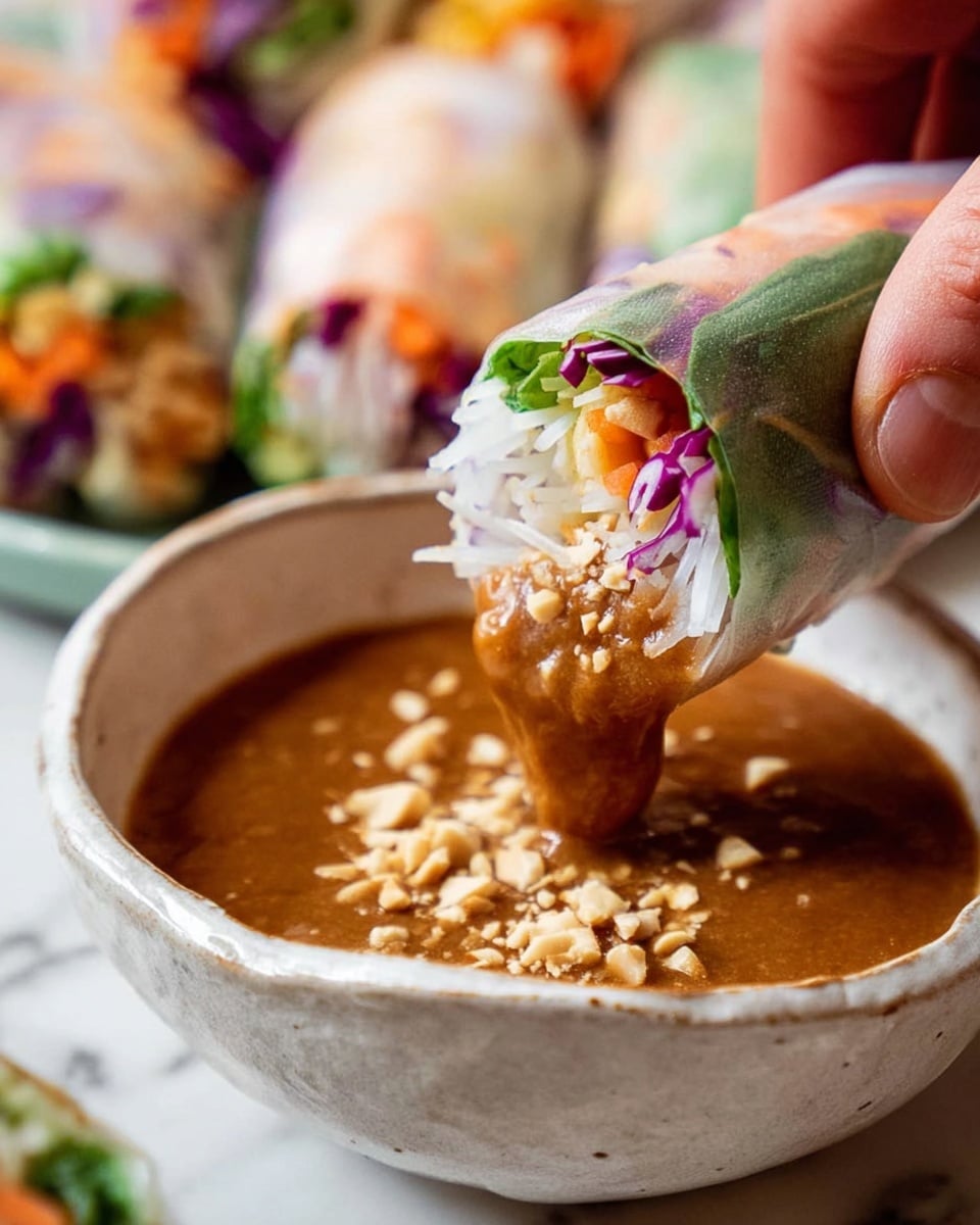 A woman's hand is holding a fresh spring roll being dipped into a bowl of thick peanut sauce topped with crushed peanuts. The spring roll has visible layers: thin translucent rice paper on the outside, white rice noodles inside, with bright green basil leaves, purple shredded cabbage, and some orange filling, possibly shredded carrots or sauce, peeking out from the edges. The bowl is white ceramic, rough-textured with a thick lip, sitting on a white marbled surface. In the background, blurred spring rolls with similar colorful fillings are visible. Photo taken with an iphone --ar 4:5 --v 7
