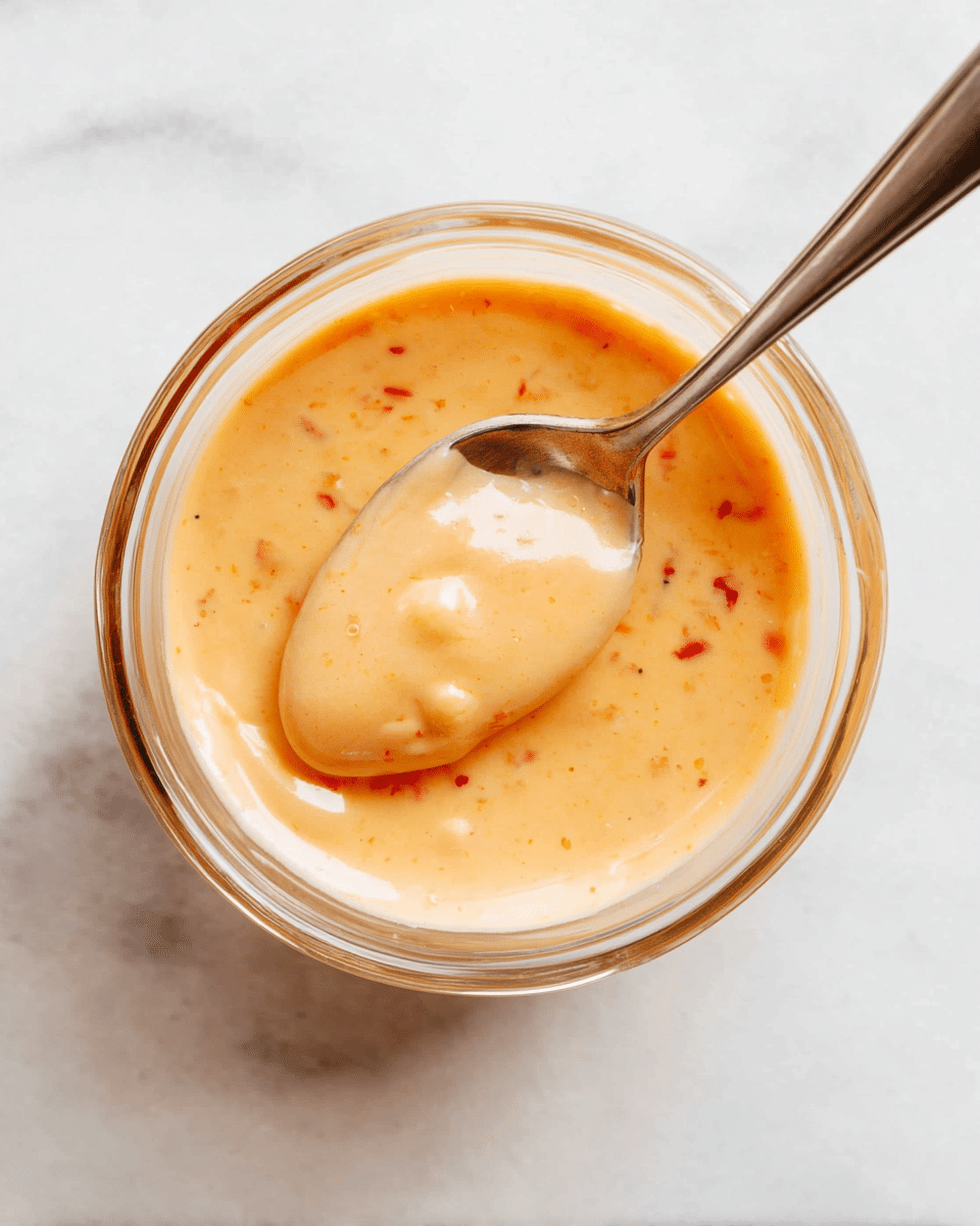 A close-up image of a small clear glass bowl filled with a light orange creamy sauce that has tiny red specks throughout. A silver spoon is partially submerged in the sauce, showing its smooth and thick texture. The bowl is placed on a white marbled surface. photo taken with an iphone --ar 4:5 --v 7