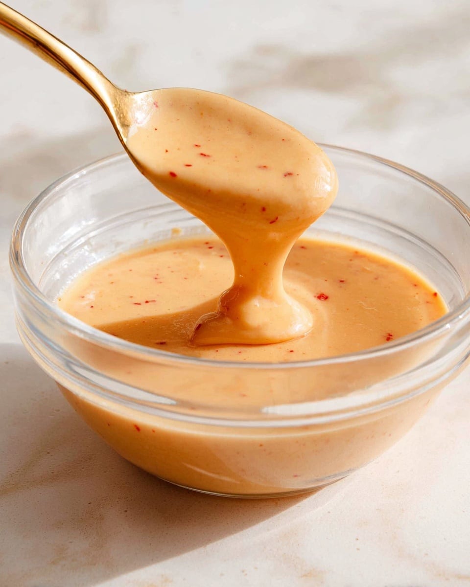 A clear glass bowl filled with smooth, creamy sauce that is light orange with small red specks. A gold spoon is dipping into the sauce, lifting some with a thick and slightly glossy texture that drips gently back into the bowl. The bowl sits on a white marbled table with soft natural light creating subtle shadows and reflections on the sauce and spoon. photo taken with an iphone --ar 4:5 --v 7