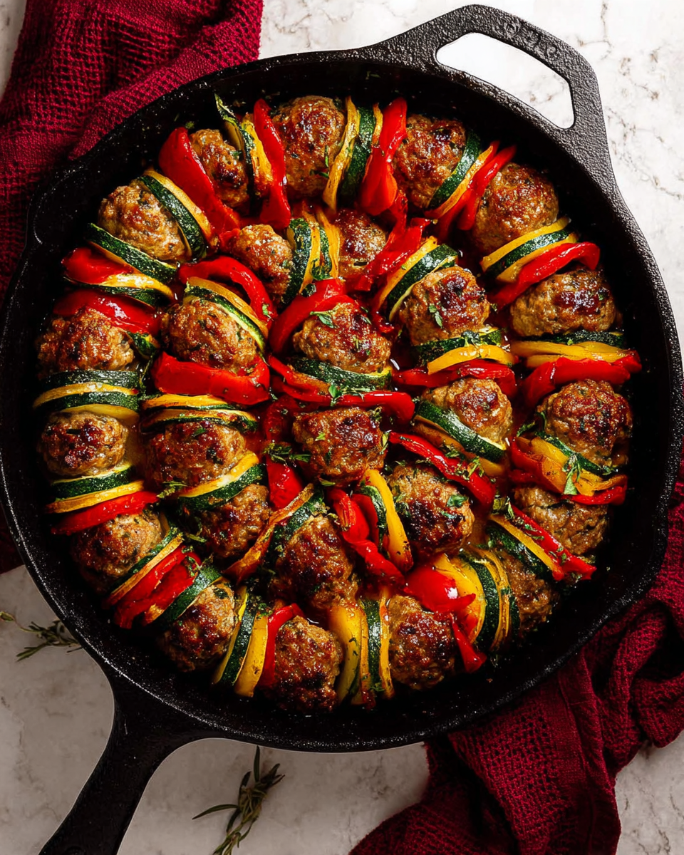 A black cast iron pan filled with a round layered dish where slices of green zucchini, red bell peppers, and browned meat patties are arranged in a repeating pattern. The dish has three distinct layers – bright red bell pepper pieces, green zucchini slices, and golden-brown textured meat patties, all placed vertically and showing a glossy cooked surface with herbs sprinkled lightly on top. The pan sits on a white marbled textured surface with a folded dark red cloth nearby. Photo taken with an iphone --ar 4:5 --v 7