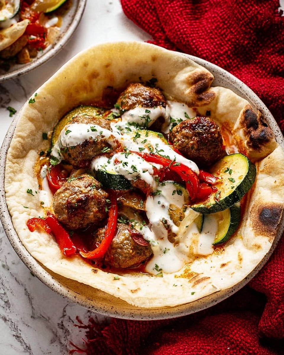 A dish served in a bowl lined with a single soft, light brown flatbread with slightly darker toasted spots around the edges, creating a shallow bowl shape. Inside, there are several browned meatballs mixed with chunky slices of green zucchini and red bell peppers, drizzled with a creamy white sauce that contrasts against the vibrant vegetables and meatballs. A sprinkling of finely chopped green herbs adds a touch of color on top. The bowl rests on a white marbled surface, next to a red cloth and other food items partially visible in the background. Photo taken with an iphone --ar 4:5 --v 7