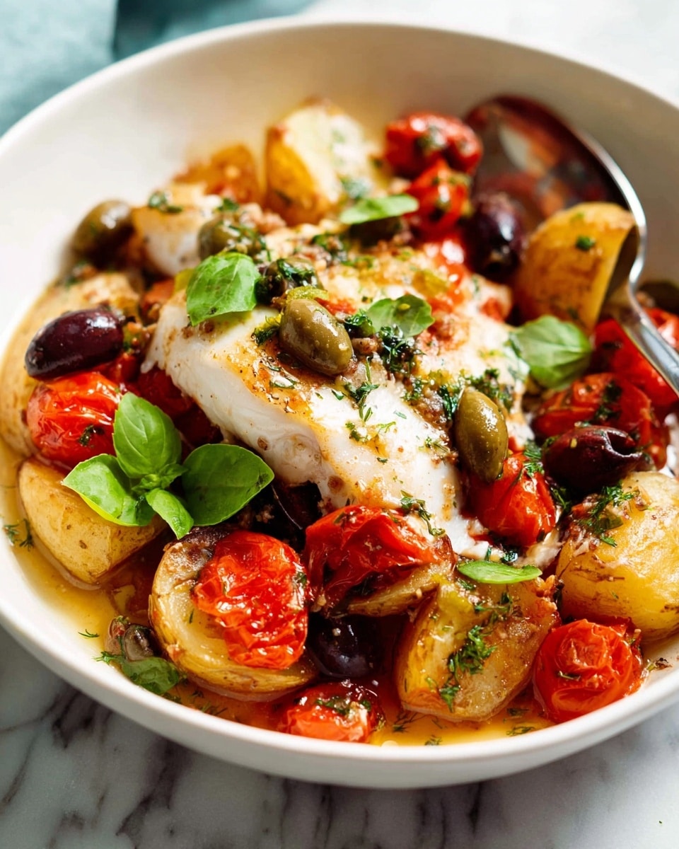 A white bowl filled with a layered dish starting with golden-brown roasted potatoes at the bottom, topped with a mix of red cherry tomatoes and black olives, all coated in a light, shiny sauce. On top is a white, flaky fish fillet sprinkled with small green herbs and capers. Bright green fresh basil leaves are scattered over the dish, adding a fresh color contrast. A silver spoon sits inside the bowl, resting on the side, with the dish placed on a white marbled surface. photo taken with an iphone --ar 4:5 --v 7