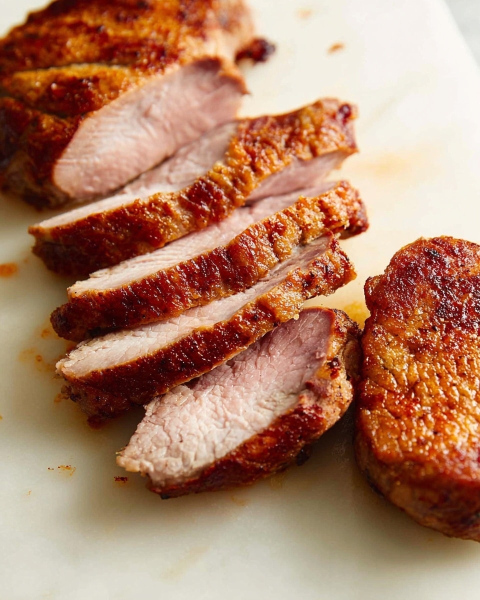 A close-up image shows two pieces of cooked meat on a white marbled surface. The meat on the left is sliced into eight thick pieces, displaying a pink inside and a crispy brown outer layer with a visible sear. The whole piece on the right has a golden-brown crust, looking crunchy and well-cooked. The surface underneath is smooth with slight reddish oil marks from the meat. photo taken with an iphone --ar 4:5 --v 7