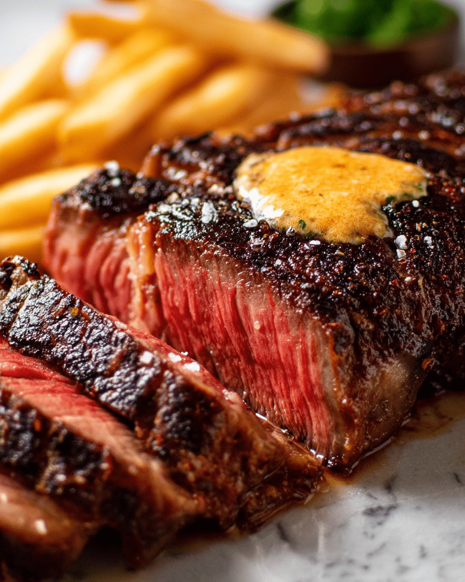 The image shows a thick steak cooked medium rare, with a dark, crispy crust on the outside and a rich pink center. The top of the steak has a dollop of creamy orange butter melting, adding a glossy and smooth texture. The steak is sliced into several layers, each slice showing the juicy texture and slight marbling of the meat. Coarse salt crystals are sprinkled on the surface, enhancing the meat’s flavor. Some golden fries are blurred in the background on a white marbled texture. photo taken with an iphone --ar 4:5 --v 7