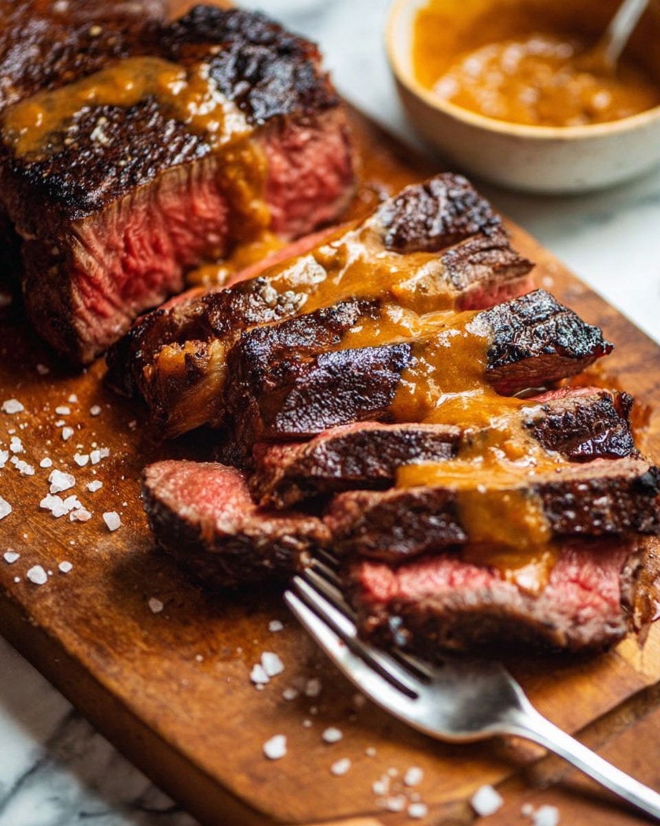 A wooden cutting board holds a thick, juicy steak sliced into about five pieces. The steak has a dark, charred outer crust with a pink, tender inside visible on each slice. Rich orange-brown sauce is drizzled unevenly over the top slices, creating a smooth, glossy texture contrasting with the meat. Coarse salt flakes are scattered around the meat on the board, adding texture and detail. A silver fork is gently pressing down on the front slice, showing the softness of the cooked meat. The background has a white marbled texture with a small bowl partially visible, holding more of the orange sauce. photo taken with an iphone --ar 4:5 --v 7