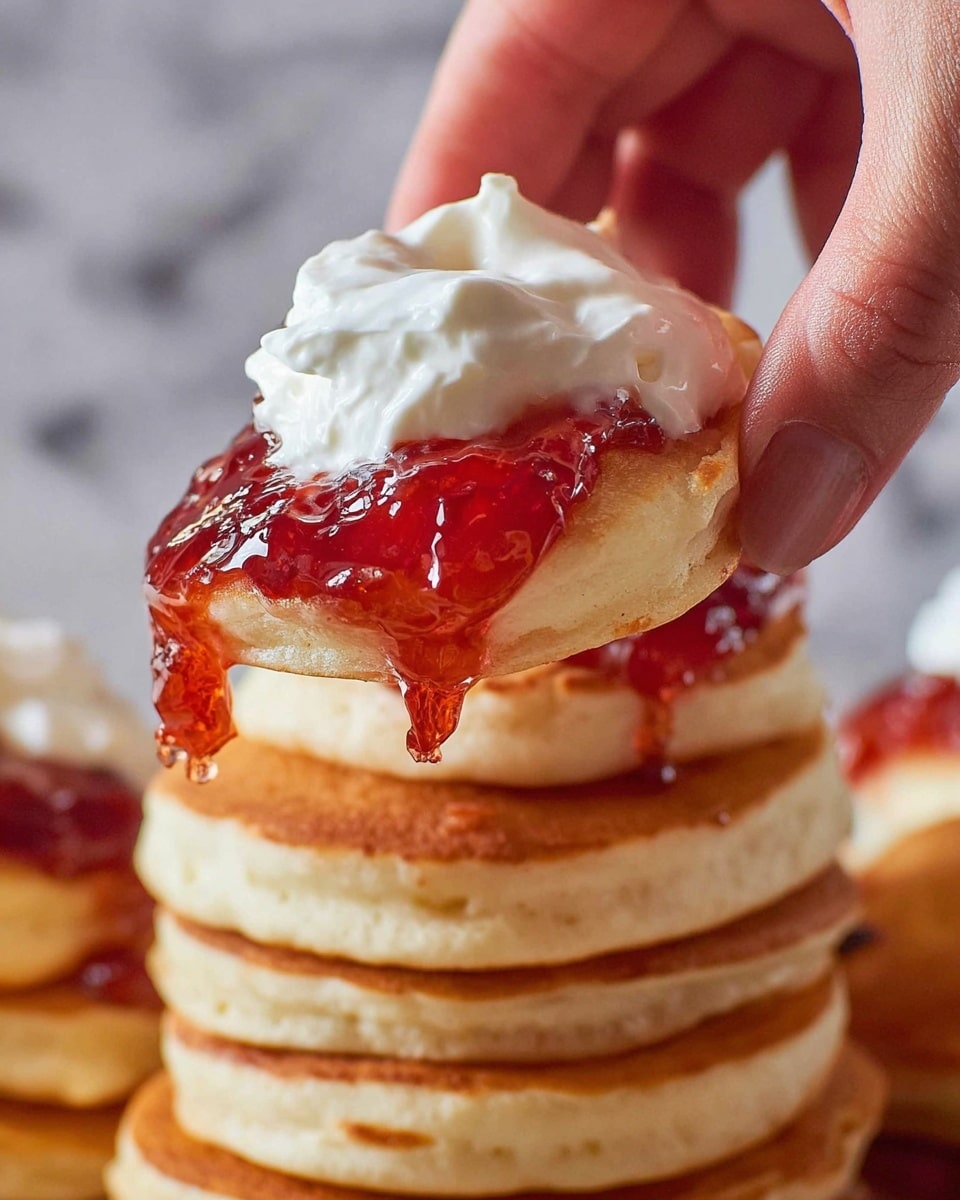A close-up image shows a small pancake being held by a woman's hand, topped with a thick layer of shiny red jam and a generous dollop of white whipped cream. The pancake has a light golden-brown color with a soft texture. Below it, there is a stack of similar golden-brown pancakes with bits of jam dripping down the sides into the stack. The background is a white marbled texture. photo taken with an iphone --ar 4:5 --v 7