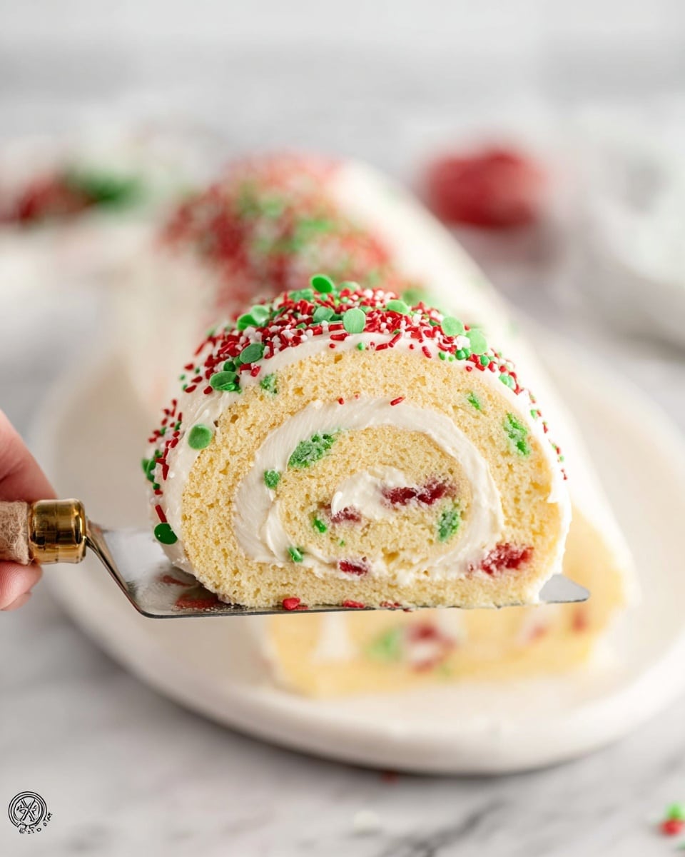 A slice of a rolled cake is held by a woman's hand spatula, showing three visible layers: the outer thin white frosting layer covered with red and green sprinkles, the light yellow cake layer with a soft texture, and an inner thick white cream layer spiraled inside the cake. The cake is on a white marbled surface, with the rest of the uncut roll blurred in the background, also decorated with red and green sprinkles. Photo taken with an iphone --ar 4:5 --v 7