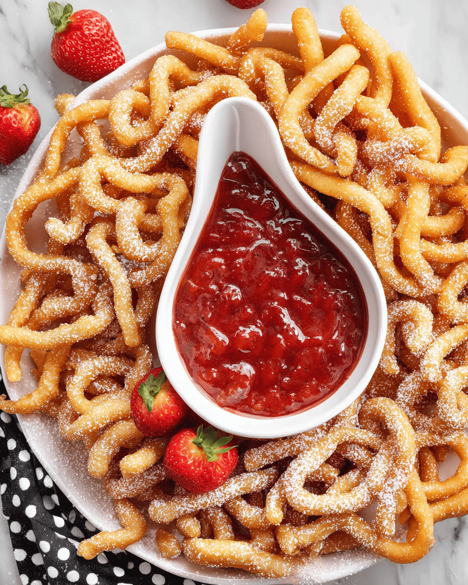 A large white plate filled with many long and twisted golden brown funnel cake fries, lightly dusted with powdered sugar, covers the entire surface of the plate. In the center, there is a white sauce boat filled with thick, bright red strawberry sauce with visible fruit pieces. Next to the sauce boat are two fresh halved strawberries showing their red inside and green leafy tops. The plate is placed on a white marbled surface with a small cloth with black polka dots partially visible in the corner. Photo taken with an iphone --ar 4:5 --v 7