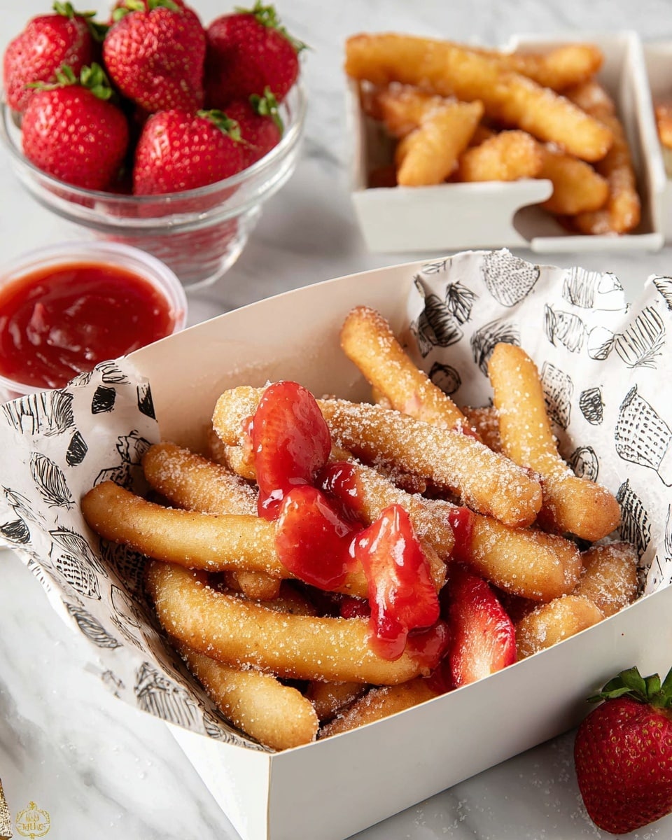 A white takeout box lined with black and white printed paper holds a pile of golden-brown, crispy fried dough sticks sprinkled lightly with sugar. Mixed in are fresh bright red strawberry slices, some dipped in a thick red strawberry sauce that glistens on top. In the background, a clear glass bowl is filled with whole fresh strawberries, and a white divided serving dish holds more fried dough sticks next to a small white sauce container filled with the same red strawberry sauce. The entire scene sits on a white marbled surface. photo taken with an iphone --ar 4:5 --v 7