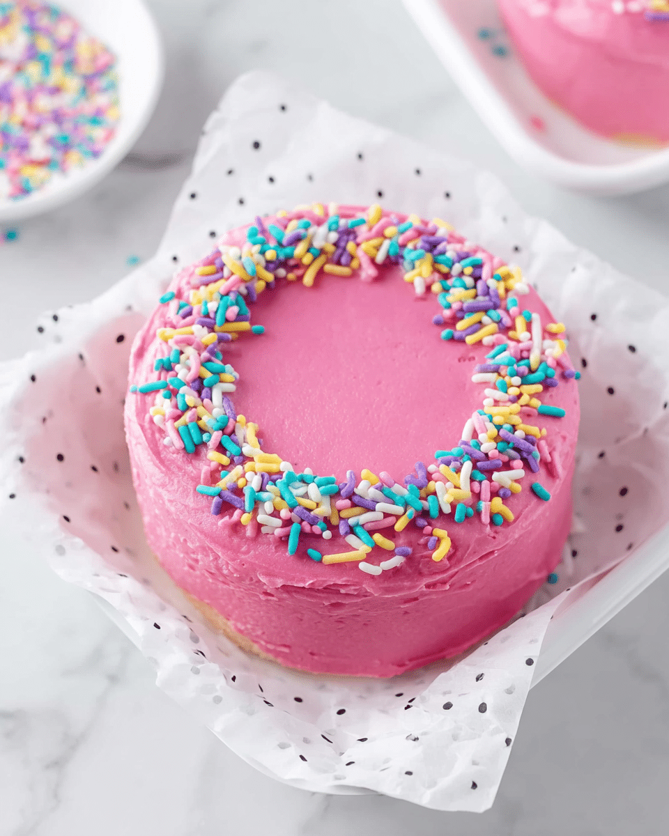 A small round cake covered in smooth bright pink frosting is placed on white parchment paper with small black dots, inside a white tray. The cake has a single visible layer with a thick frosting layer outside it. On top of the cake, there is a ring of colorful rainbow sprinkles in shades of blue, green, yellow, purple, pink, and white, evenly spread near the edge leaving the center plain. The background is a white marbled texture, giving a clean and bright look. Photo taken with an iphone --ar 4:5 --v 7