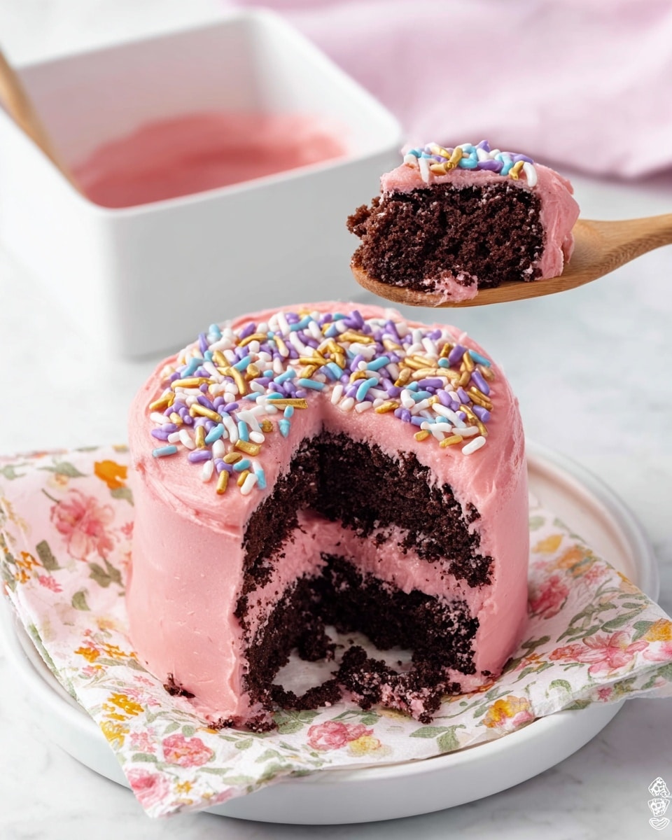 A small cake with three layers sits on a white plate lined with a floral napkin on a white marbled surface. The cake has dark brown chocolate sponge layers separated by a smooth, thick layer of bright pink frosting. The outside is covered in the same pink frosting, decorated on top with a ring of colorful sprinkles in white, blue, purple, and gold. A chunk is missing from the front, showing all three layers clearly. A wooden spoon holds a bite-sized piece showing dark chocolate cake and pink frosting, held above the cake. Behind, a square-shaped white bowl and soft-focus background complete the scene. photo taken with an iphone --ar 4:5 --v 7