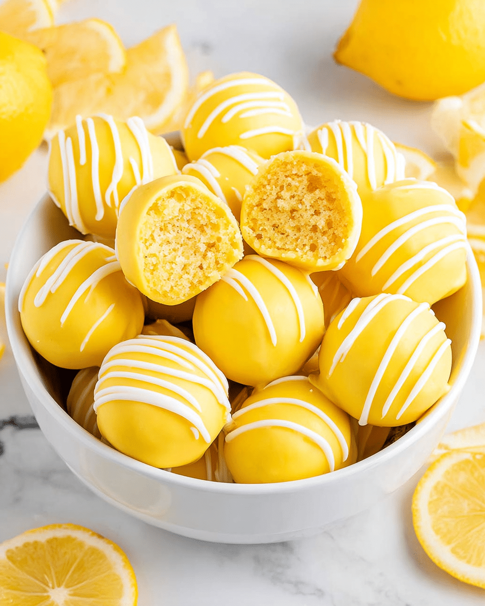 A white bowl filled with round, bright yellow cake balls each coated with a smooth yellow layer and decorated with thin, uneven white drizzle lines on top. Two cake balls at the center are cut in half, showing a moist, crumbly interior in a lighter yellow shade. The bowl is placed on a white marbled surface surrounded by some fresh lemon wedges and whole lemons on the sides. The overall image is bright, clean, and focused on the vibrant yellow and white colors of the cake balls. photo taken with an iphone --ar 4:5 --v 7