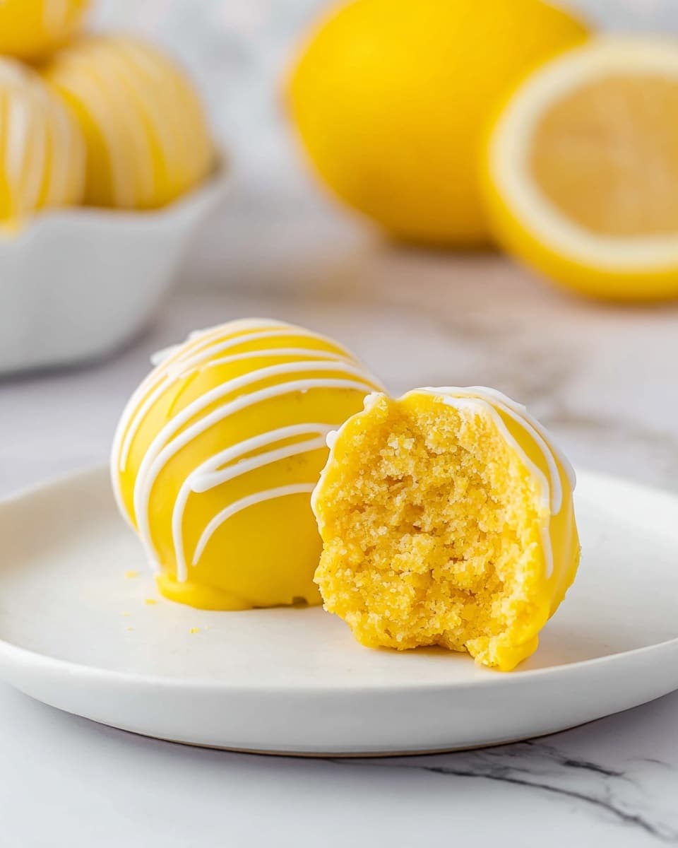 A white plate sits on a white marbled surface holding a yellow cake ball cut in half, showing a moist, crumbly yellow inside. Behind it is a whole yellow cake ball coated in smooth yellow icing with white icing stripes drizzled over the top horizontally. In the blurred background, a whole lemon is visible, bright yellow and shiny, adding a fresh feel to the scene. photo taken with an iphone --ar 4:5 --v 7