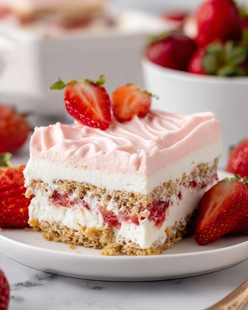 A square piece of strawberry dessert on a white plate sits on a white marbled surface. The dessert has five layers: the bottom layer is a light brown crumbly cake, followed by a thick white creamy layer with visible fresh strawberry pieces mixed inside. Above this is another crumbly cake layer, then another layer of white cream with strawberry pieces, and the top layer is smooth, pale pink frosting with gentle swirls. Fresh strawberries with green leaves are placed around the plate, and a white bowl filled with strawberries is blurred in the background. photo taken with an iphone --ar 4:5 --v 7