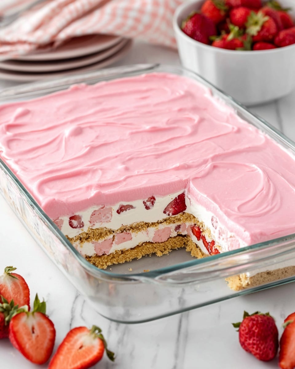 This image shows a rectangular clear glass dish filled with a five-layer dessert. The bottom layer is a golden-brown graham cracker crust, followed by a thick white creamy layer mixed with pieces of fresh red strawberries. Above this is a second layer of graham cracker crust, then another layer of white cream with strawberry pieces. The top layer is a smooth, vibrant pink frosting spread evenly with soft swirls. The dish is placed on a white marbled surface, with fresh whole and sliced strawberries nearby, along with a white bowl filled with strawberries in the background. photo taken with an iphone --ar 4:5 --v 7