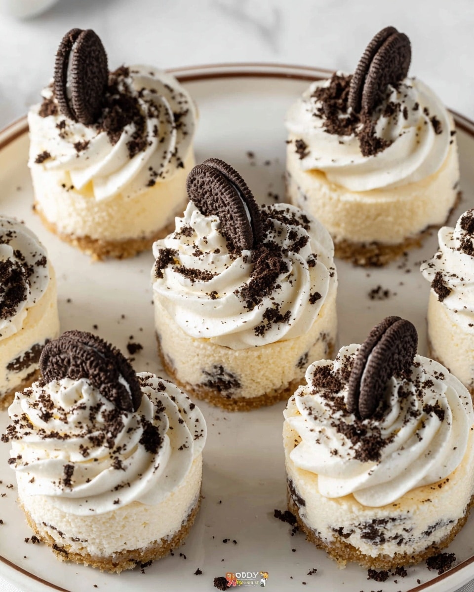 A close-up view of several small cheesecakes arranged closely on a white plate with a subtle brown rim, all set on a white marbled surface. Each cheesecake has three visible layers: a bottom crust layer with a light beige crumbly texture; a thick middle layer of creamy white cheesecake with small cookie pieces embedded; and a top swirl of smooth white whipped cream. On the whipped cream, there is a half chocolate sandwich cookie placed on each cheesecake, with small dark cookie crumbs sprinkled all over the whipped cream and plate for decoration. Photo taken with an iphone --ar 4:5 --v 7