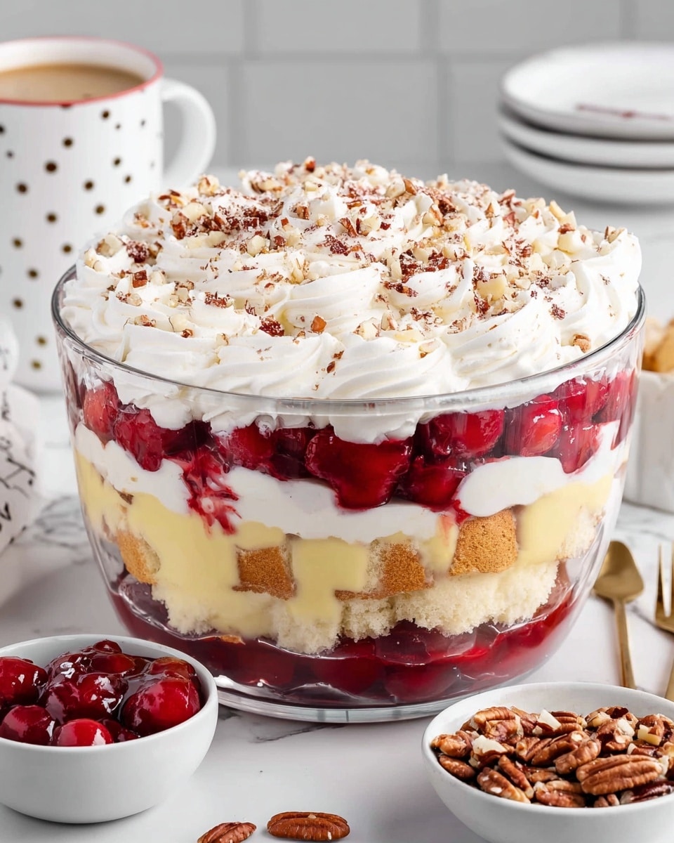 A clear glass bowl holds a layered cherry trifle on a white marbled surface. The bottom layer is a pale yellow custard with bits of light beige cake mixed in. Above that is a thick red cherry filling with whole cherries visible. Next is a white whipped cream layer with more pieces of cake mixed inside. This is followed by another layer of custard, topped with a glossy red cherry layer with whole cherries. The trifle is finished with a thick, swirled white whipped cream topping sprinkled generously with chopped brown pecans. Small bowls of extra cherry filling and chopped pecans sit nearby, and in the background there is a white cup of coffee and some stacked white plates on a white marbled surface. photo taken with an iphone --ar 4:5 --v 7