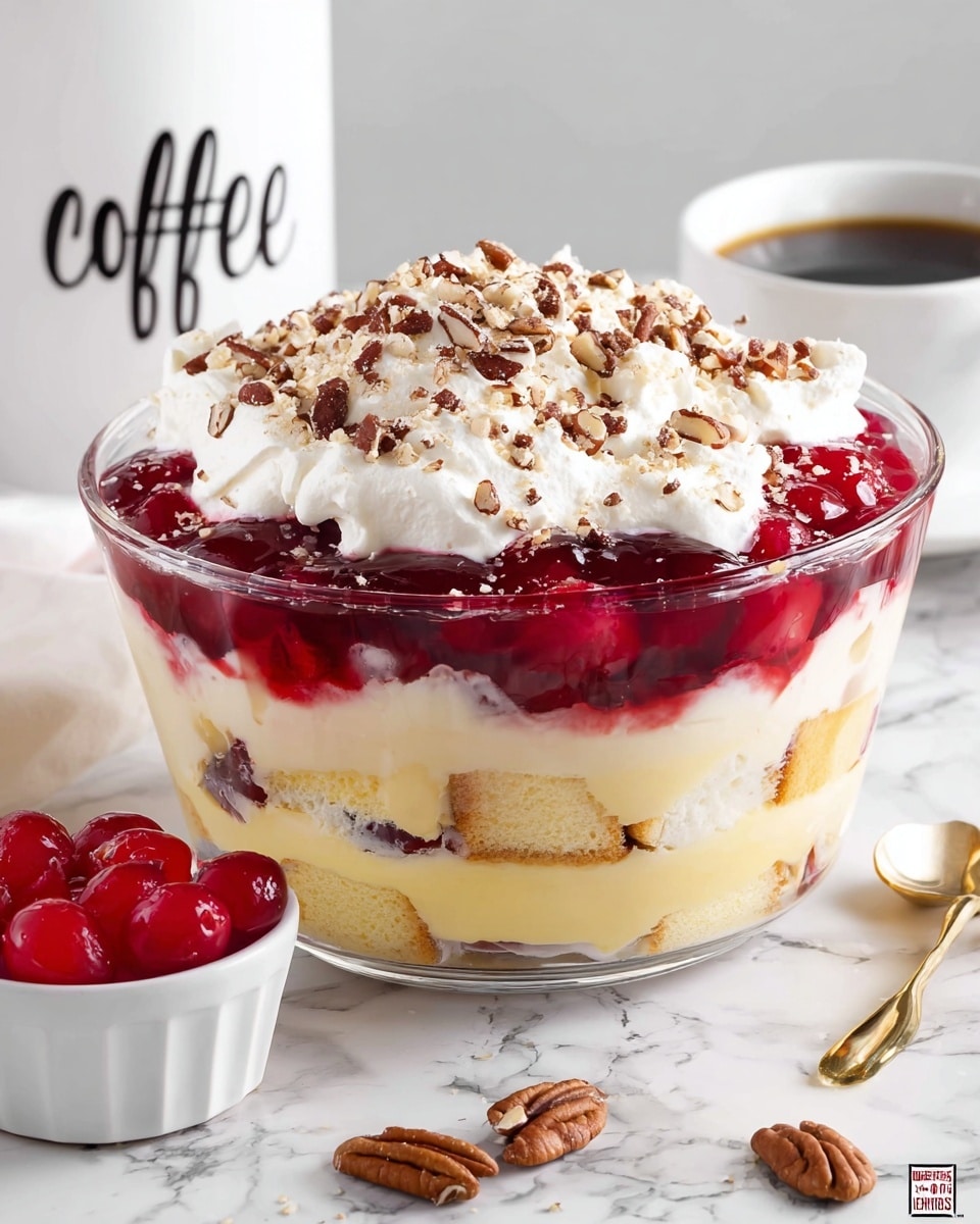 A clear glass bowl shows a layered dessert with five visible layers: a bottom layer of light yellow custard mixed with cake pieces, a thin layer of white whipped cream with small cake chunks, a thick red cherry topping with shiny cherry pieces, a thick top layer of fluffy white whipped cream, and chopped brown pecans sprinkled evenly on top. The dessert is on a white marbled surface with a small white bowl filled with more bright red cherries nearby, and some loose pecans scattered around. In the background, a white cup with dark coffee sits next to a white container labeled 