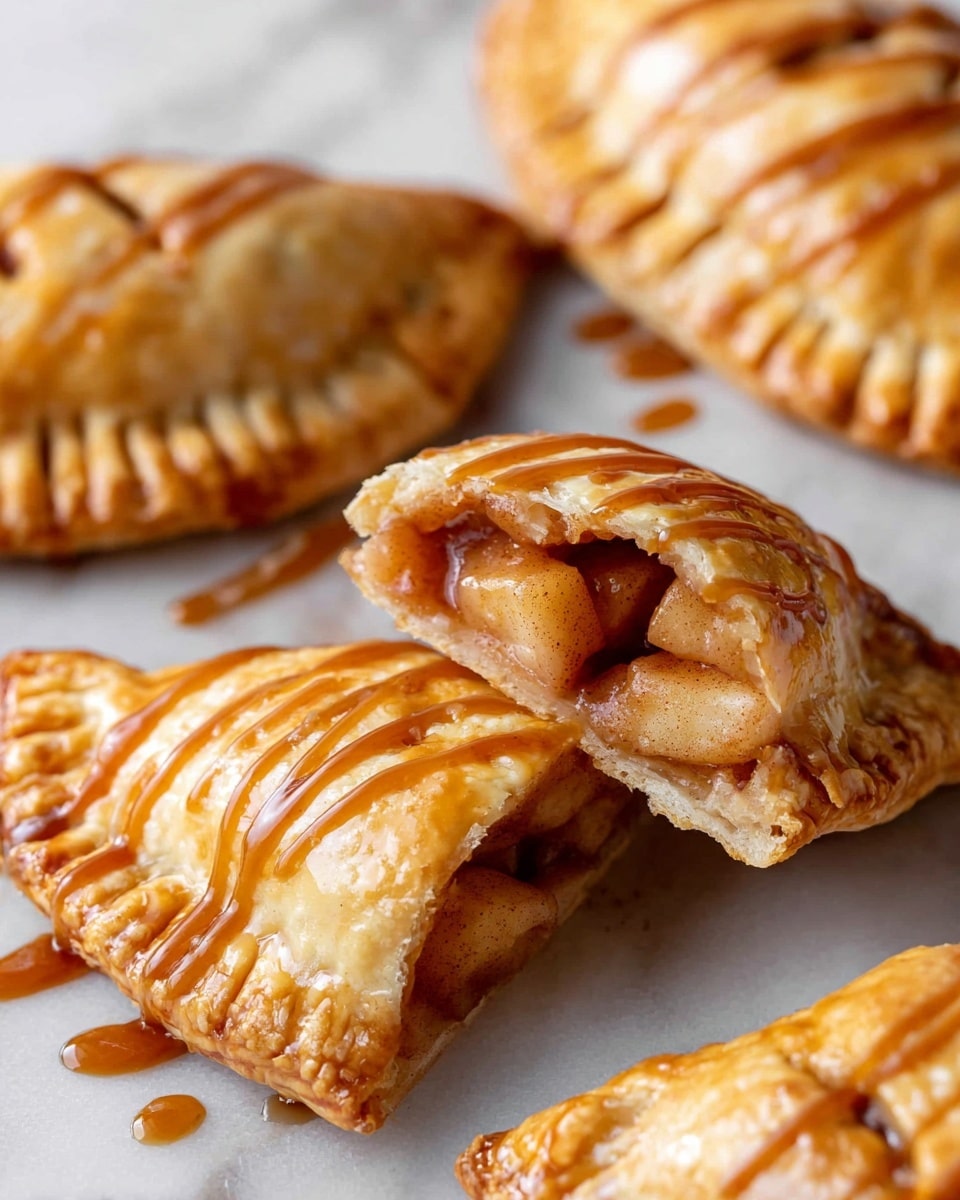 The image shows several golden-brown, crispy apple hand pies resting on a white marbled surface. Each pie has a shiny, flaky crust with small slits on top, and one is cut in half, revealing soft, chunky apple pieces inside that are coated with cinnamon and sugar. Drizzled over the pies is a smooth caramel sauce in wavy lines, adding a glossy texture. The focus is on the center pie, highlighting its layers of flaky crust and warmly spiced apple filling, with the other pies blurred softly in the background, all sitting on the white marbled texture. photo taken with an iphone --ar 4:5 --v 7