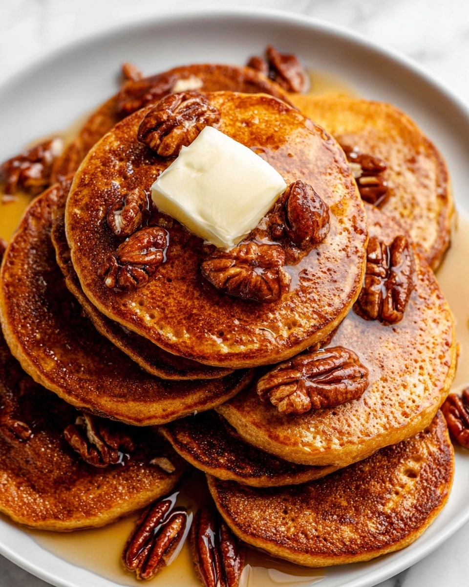 A stack of six round, golden-brown pancakes sits closely together on a white plate. The pancakes have a slightly crispy edge with a soft, textured surface showing a few air bubbles. On top of the stack, there is a light yellow square of melting butter that looks creamy and smooth. Around and on top of the pancakes are shiny, sticky pecans coated in dark amber syrup that also glistens over the pancakes, creating a glossy, rich look. The white plate with the food is set against a white marbled surface. photo taken with an iphone --ar 4:5 --v 7
