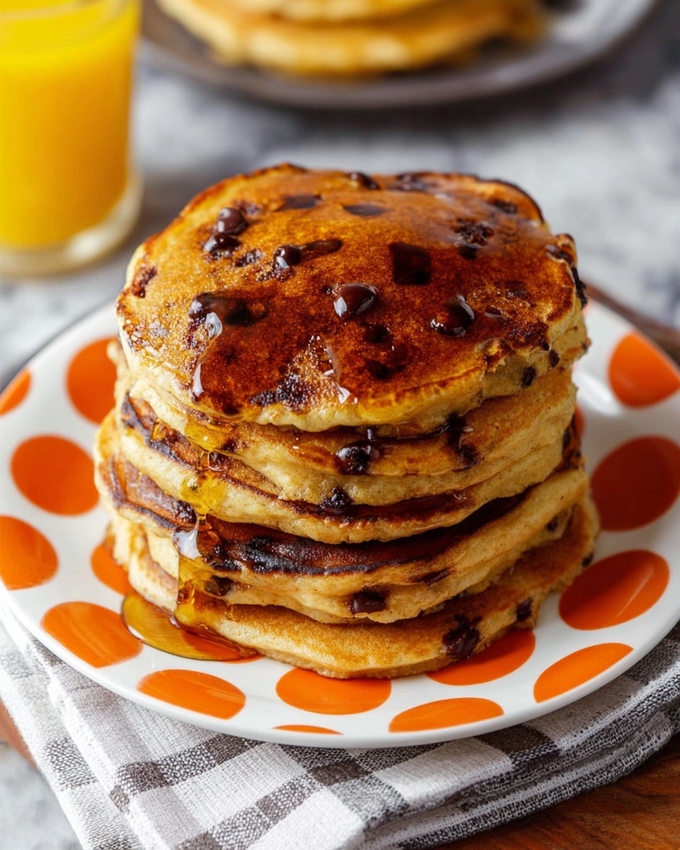 A stack of six thick, golden-brown pancakes with visible chocolate chips baked inside each layer sits centered on a white plate with large orange polka dots. The pancakes are unevenly shaped and have a slightly crispy edge texture. Maple syrup is generously poured over the top pancake, dripping down the sides, catching light to look shiny and sticky. The plate is placed on a folded white and gray checkered cloth atop a flat surface with a white marbled texture. In the background, there is a blurred glass of orange juice and part of another plate with a pancake. photo taken with an iphone --ar 4:5 --v 7