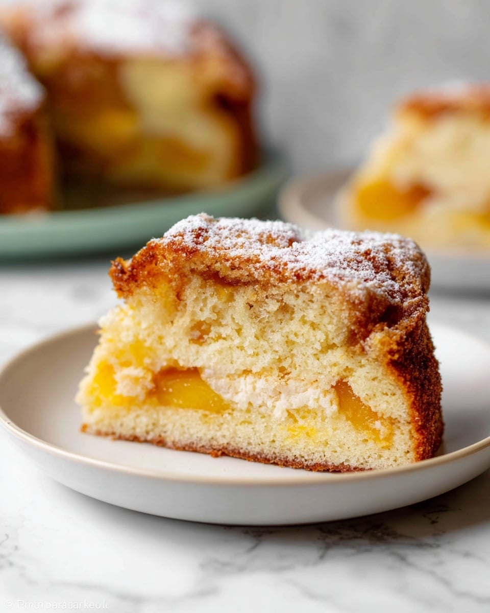 A slice of fruit cake sits on a white plate, showing three layers: a golden-brown crispy top with a light dusting of powdered sugar, a middle soft cream-colored cake layer with embedded bright yellow fruit pieces, and a bottom moist cake layer with a thin line of darker colored fruit or filling near the base. The cake texture looks fluffy and slightly crumbly, with the fruit embedded inside appearing juicy and tender. The white plate is set against a white marbled background, with a slightly blurred second piece of the same cake in the back. Photo taken with an iphone --ar 4:5 --v 7