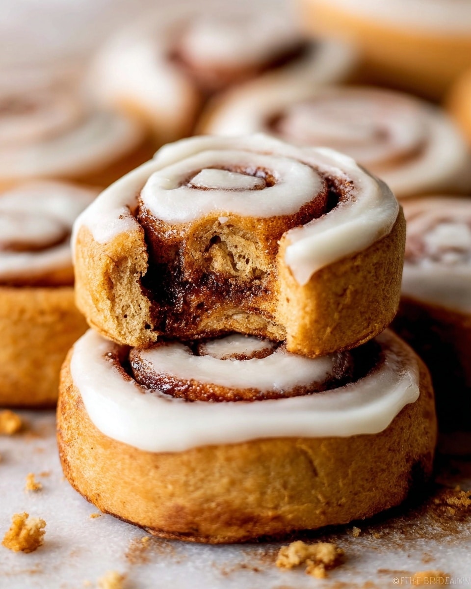 A close-up image of cinnamon rolls stacked in two layers, each roll showing a tight spiral of golden-brown dough with a darker cinnamon filling inside. The top roll has a bite taken out, revealing a soft, crumbly texture inside and a rich brown center filled with cinnamon. The top layer is covered with a smooth, creamy white icing that contrasts with the warm browns of the dough. The background is a white marbled texture with some crumbs scattered around, adding a rustic feel. photo taken with an iphone --ar 4:5 --v 7