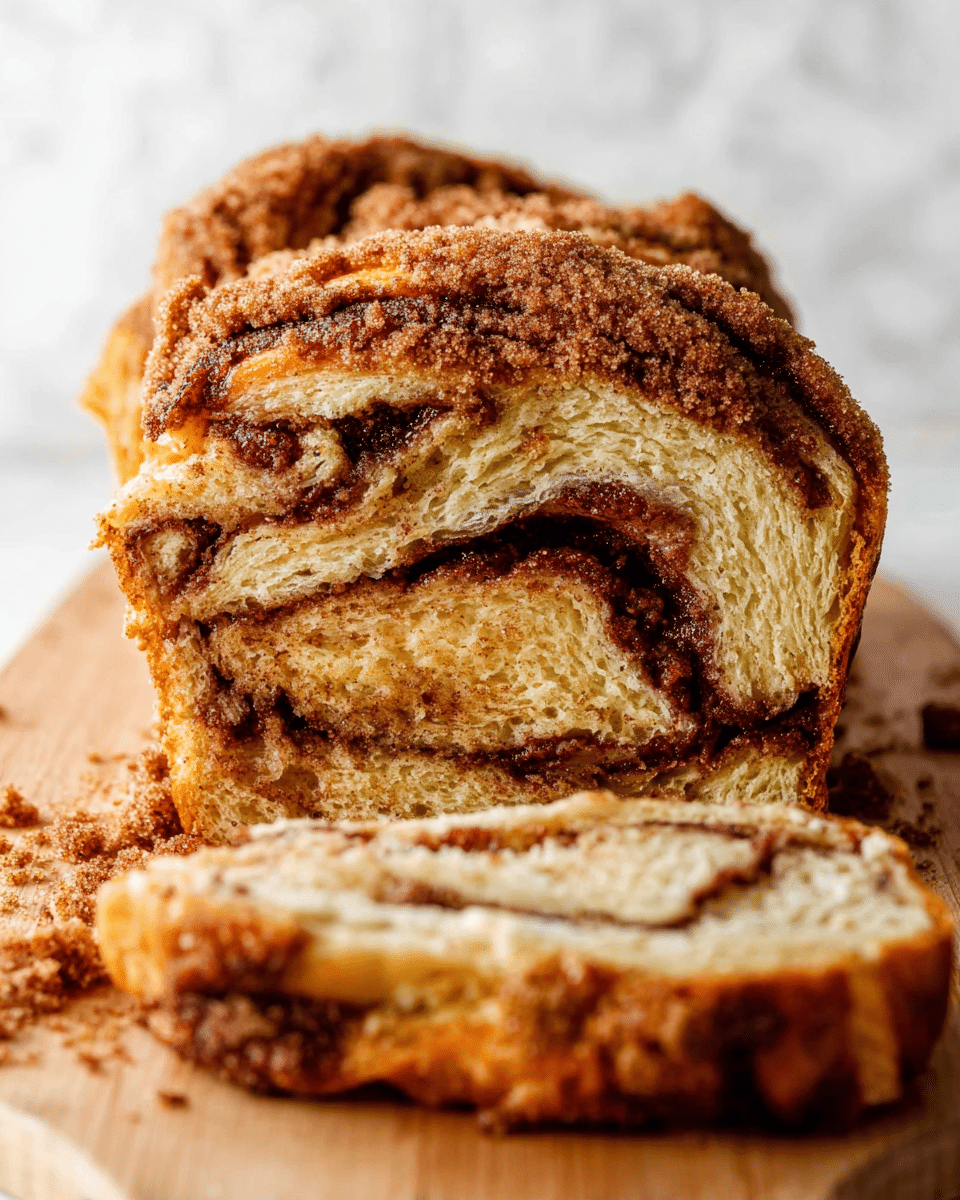 A close-up view of a cinnamon babka loaf resting on a wooden board, with one thick slice cut and lying in front. The bread shows several soft, fluffy layers of light beige dough twisted with swirls and streaks of dark brown cinnamon filling. The top and outer crust are a rough textured, deep golden brown color with a crumbly cinnamon sugar streusel topping. Crumbs are scattered around the sliced piece, adding to the fresh and homely feel. The background is a white marbled texture, keeping the focus on the rich details of the bread’s layers and topping. Photo taken with an iphone --ar 4:5 --v 7