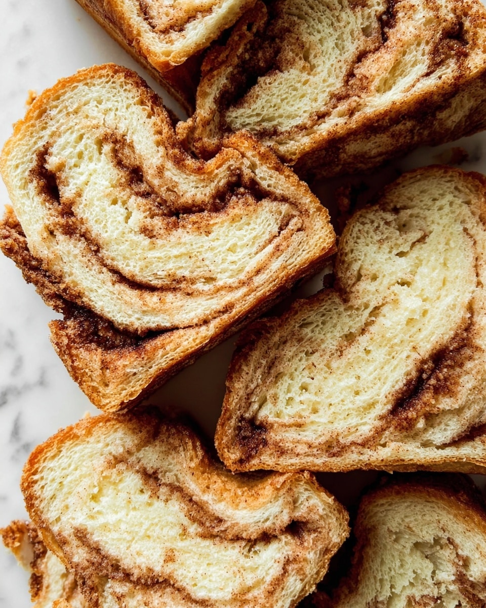Several slices of cinnamon swirl bread are close together, showing layers of soft, light beige bread with swirls of dark brown cinnamon filling. The bread texture looks fluffy and slightly crumbly with bits of cinnamon sugar on the surface. The slices do not have a plate or bowl and are placed on a white marbled surface. photo taken with an iphone --ar 4:5 --v 7