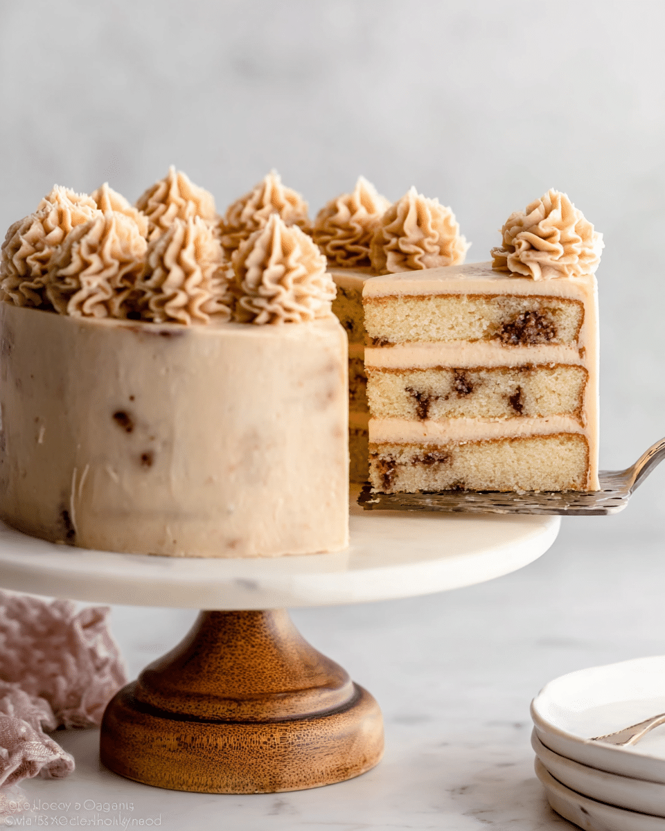The image shows a three-layer round cake with light brown frosting, placed on a white cake stand with a wooden base. Each cake layer is light yellow with small dark spots, likely chocolate chips or raisins, and separated by a smooth, creamy light brown frosting. The outside of the cake is covered evenly with the same light brown frosting, and the top edge is decorated with thick, swirled piping of the frosting in small peaks. A slice of the cake is lifted by a silver cake server, revealing the cake’s texture and layers from the side. The background is a white marbled surface with soft lighting. photo taken with an iphone --ar 4:5 --v 7
