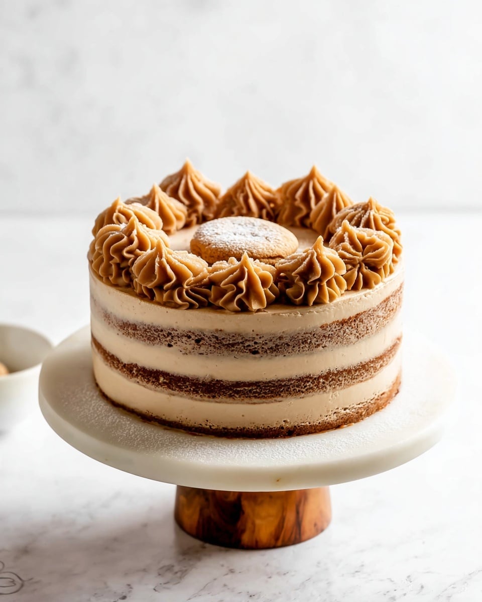 A three-layer round cake sits on a white marble cake stand with a wooden base, each layer separated by light brown frosting that shows through a thin, smooth coat of the same frosting covering the entire cake's outside. On top, thick swirls of rich caramel-colored frosting form a ring around the edge, with additional smaller dollops spaced evenly inside the ring. A single round cookie dusted with powdered sugar rests in the center of the cake's flat top. The background and surface are a white marbled texture with soft natural light highlighting the cake’s textures and colors. Photo taken with an iphone --ar 4:5 --v 7