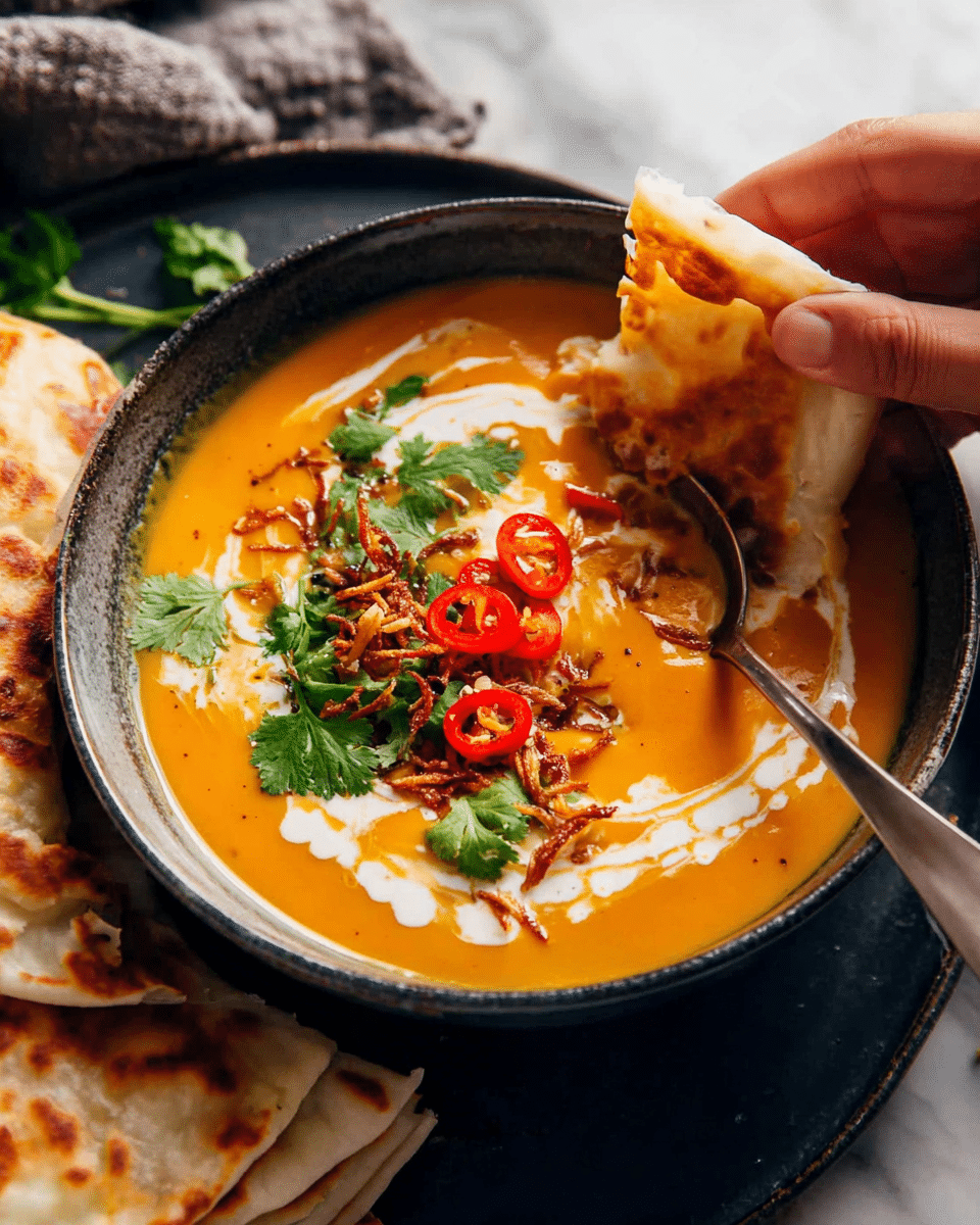 A dark bowl filled with smooth orange soup, topped with swirls of white cream, bright red chili slices, green cilantro leaves, and crispy brown fried onions. A spoon rests inside the bowl, and a woman's hand dips a folded, golden-brown layered flatbread with melted cheese into the soup. Another woman's hand holds a stack of similar flatbreads below the bowl. The bowl sits on a dark plate, all placed on a white marbled surface. Photo taken with an iphone --ar 4:5 --v 7