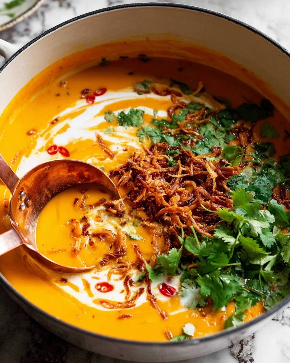 A bright orange creamy soup fills a white pot, with a thick smooth texture. On top, there is a white swirl of cream spread across the surface, giving a contrast of colors. There are thin red chili slices scattered near the edge of the pot, and a pile of fresh green cilantro leaves is placed on one side. Thin, crispy brown fried onions are sprinkled over the top, adding texture. A large copper ladle is partially dipped into the soup, scooping a portion that shows the mix of all the layers. The background is a white marbled texture. photo taken with an iphone --ar 4:5 --v 7