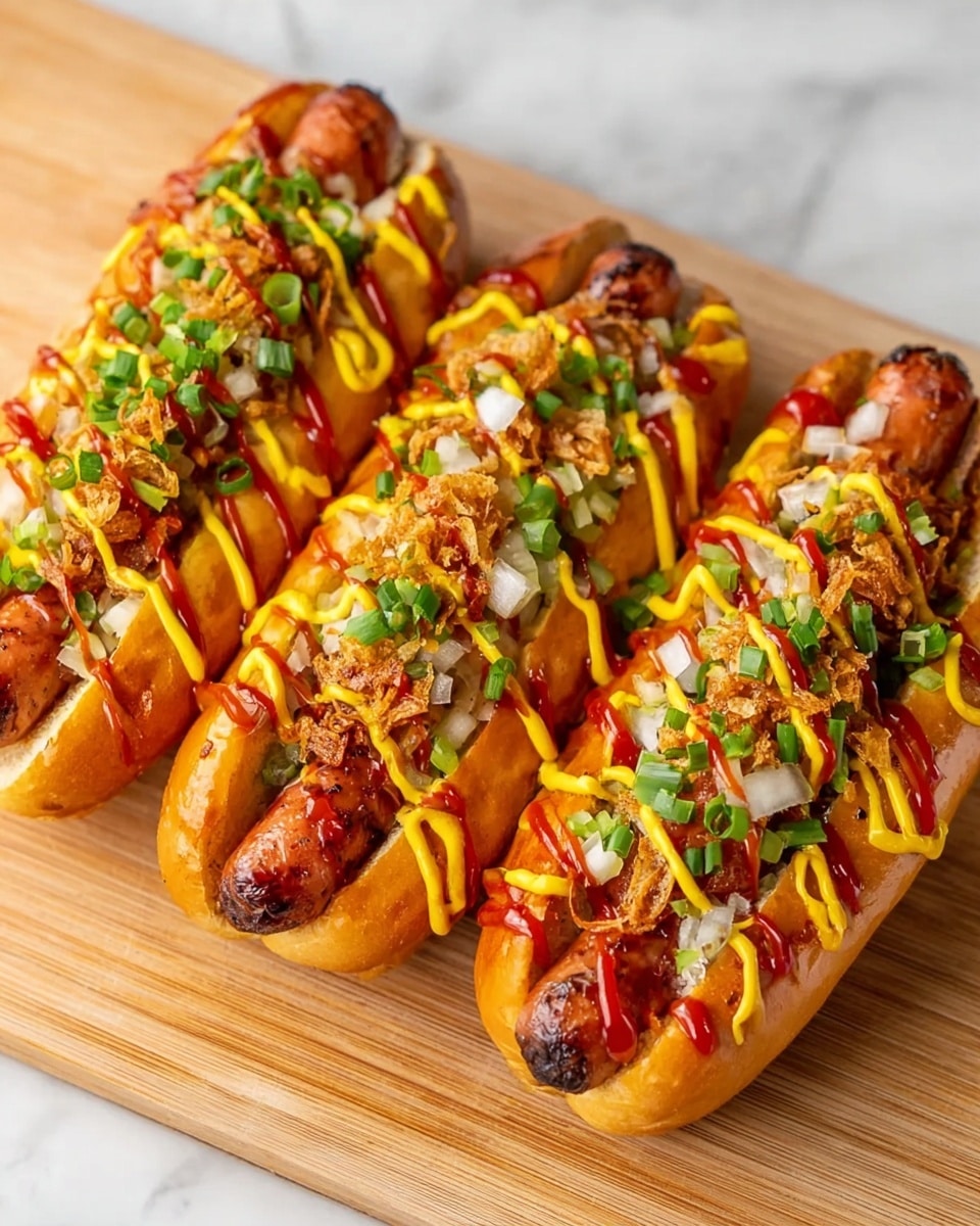 Three hot dogs sit on a white marbled surface, each in a soft golden-brown bun. The buns hold long grilled sausages that peek out from both ends, with a slightly charred texture. On top of the sausages, there are several layers of bright yellow mustard and deep red ketchup drizzled in lines across. Chopped white onions and green chives are sprinkled over the sauces, adding texture and color. Small bits of crunchy fried onions are also scattered on top, giving a mix of crispness. The image is bright and clear, showing the details of each layer closely. photo taken with an iphone --ar 4:5 --v 7