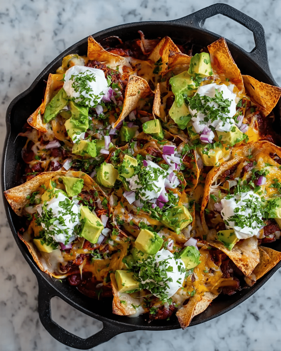 A black cast iron pan filled with folded, crispy browned tortilla chips layered with melted yellow cheese and a dark red bean or chili base underneath. On top, there are dollops of white sour cream, chunks of bright green avocado, finely chopped purple onion, and fresh green cilantro scattered evenly. The tortillas form loose cups holding the toppings, giving a textured look with burnt edges. The pan sits on a white marbled textured surface. Photo taken with an iphone --ar 4:5 --v 7