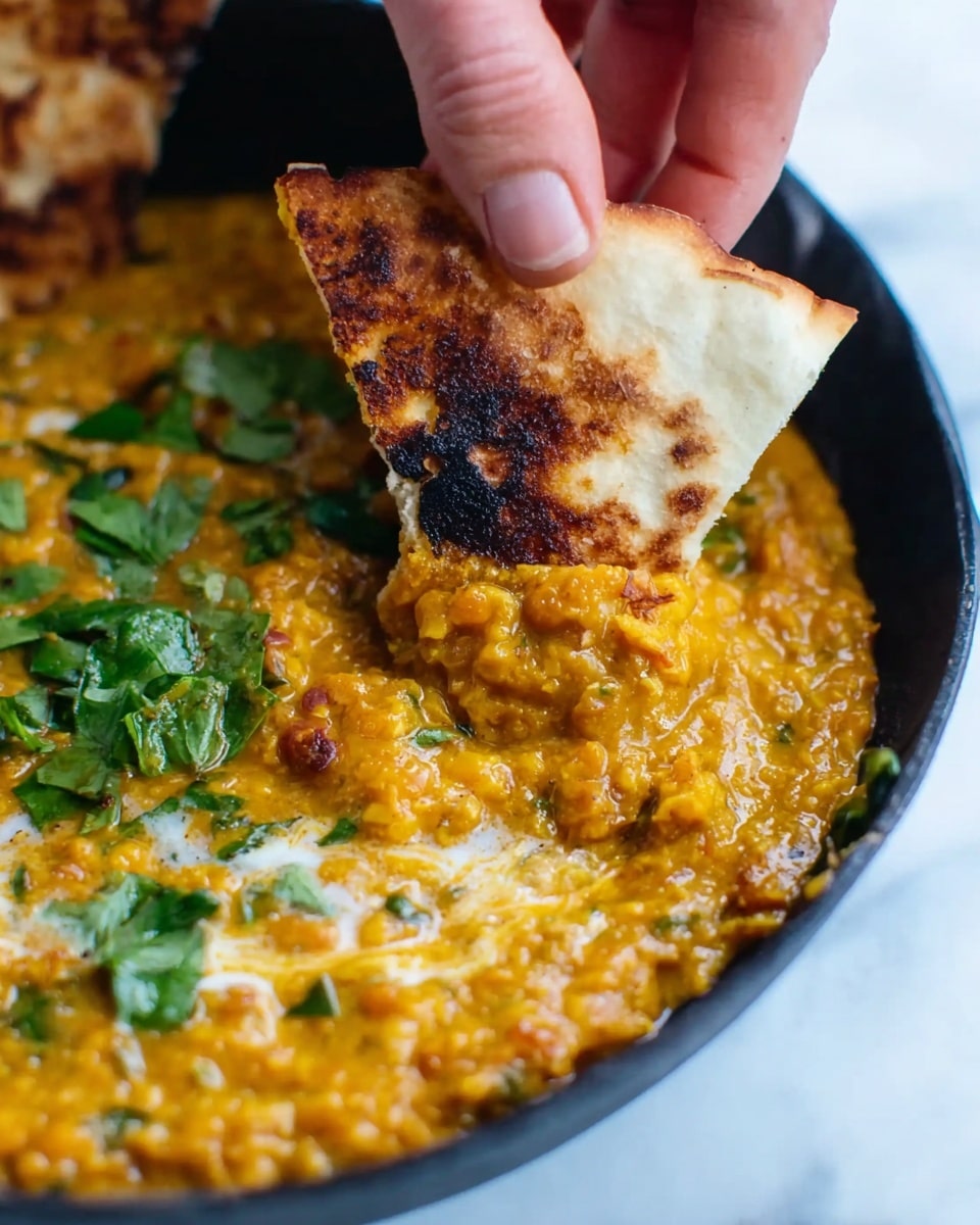 A close-up of a woman's hand dipping a triangular piece of toasted flatbread with a browned, slightly crispy top into a thick, chunky orange lentil curry. The curry sits in a black bowl and shows a creamy texture with visible green leafy herbs mixed in and small bits of cooked onion. Some fresh green leaves garnish the side, contrasting with the warm orange color of the curry. The background is a white marbled texture. Photo taken with an iphone --ar 4:5 --v 7
