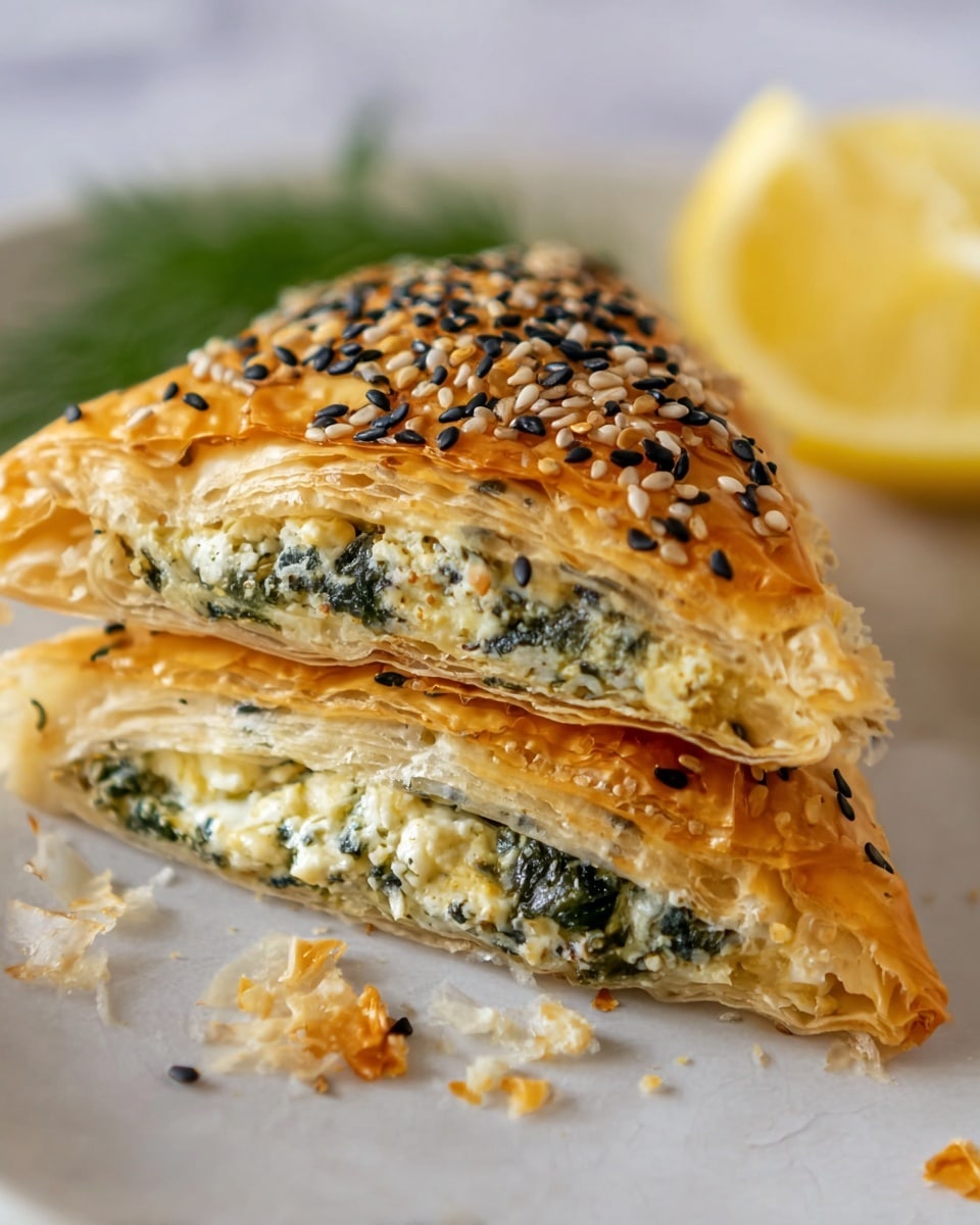 A close-up of a triangular pastry with three visible flaky golden-brown layers, topped with black and white sesame seeds. The inside shows a creamy white and green filling of crumbled cheese and spinach. The pastry rests on a white plate with some crumbs around it, and in the blurry background, there is a wedge of yellow lemon and green dill on a white marbled surface. Photo taken with an iphone --ar 4:5 --v 7