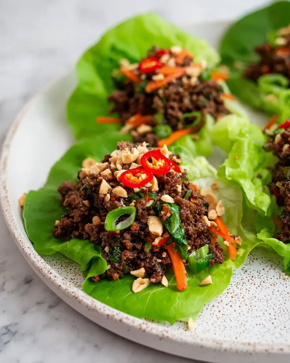 The image shows three lettuce cups placed on a white plate with a white marbled background. Each cup has a bright green lettuce leaf as the base, holding a generous layer of dark brown cooked minced meat mixed with small pieces of green herbs and thin orange carrot sticks. The meat mixture is topped with chopped red chili slices, crushed peanuts, and finely chopped green onions, creating a textured and colorful contrast on the green lettuce. The layers are fresh and vibrant, with the topping adding a crunchy look to the soft meat and leafy base. photo taken with an iphone --ar 4:5 --v 7