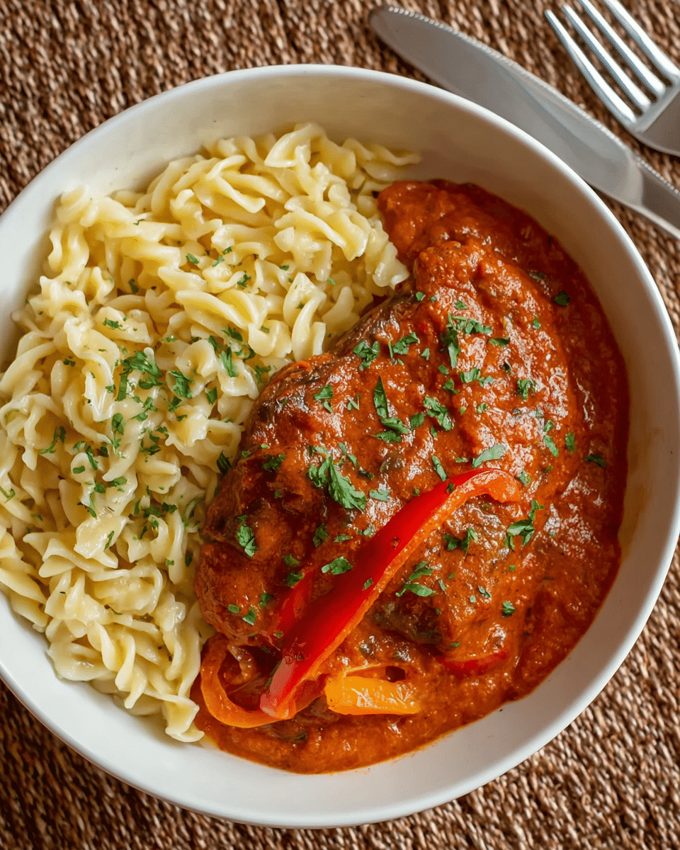 The image shows a white bowl filled with two main parts: on the left side, there is a layer of pale yellow, slightly glossy cooked pasta with small green herb pieces sprinkled on top; on the right side, there is a thick, rich reddish-orange sauce covering a piece of meat, with visible slices of bright red bell pepper mixed into the sauce; finely chopped green herbs are scattered over the sauce, adding a fresh touch; the bowl is set on a textured, brown woven surface, and a fork and knife lie beside it; photo taken with an iphone --ar 4:5 --v 7
