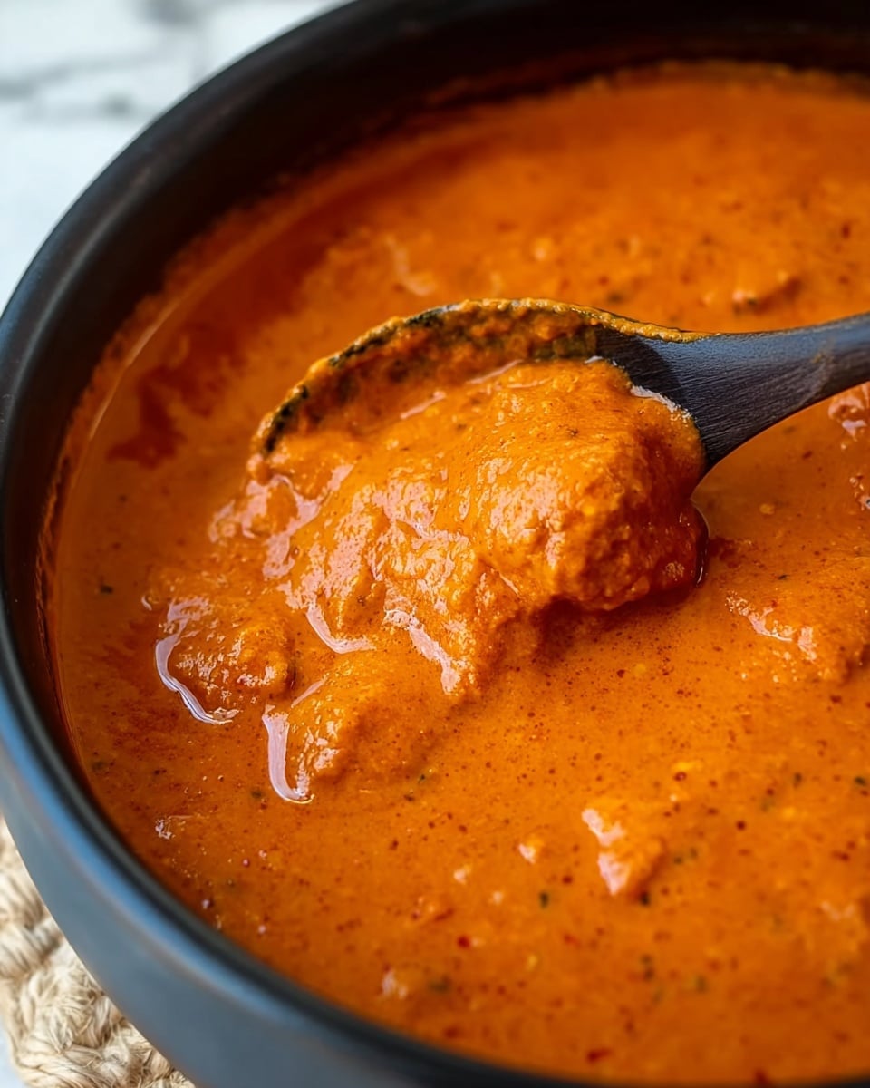 The image shows a close-up of a thick, creamy orange sauce with visible texture and small bits, possibly spices or herbs, giving it a slightly grainy appearance. There is a dark spoon partially submerged, scooping up a generous portion of the sauce. The sauce appears rich and smooth yet chunky in some areas, filling a black container that contrasts with the vibrant orange color of the sauce. The background has a white marbled texture. photo taken with an iphone --ar 4:5 --v 7