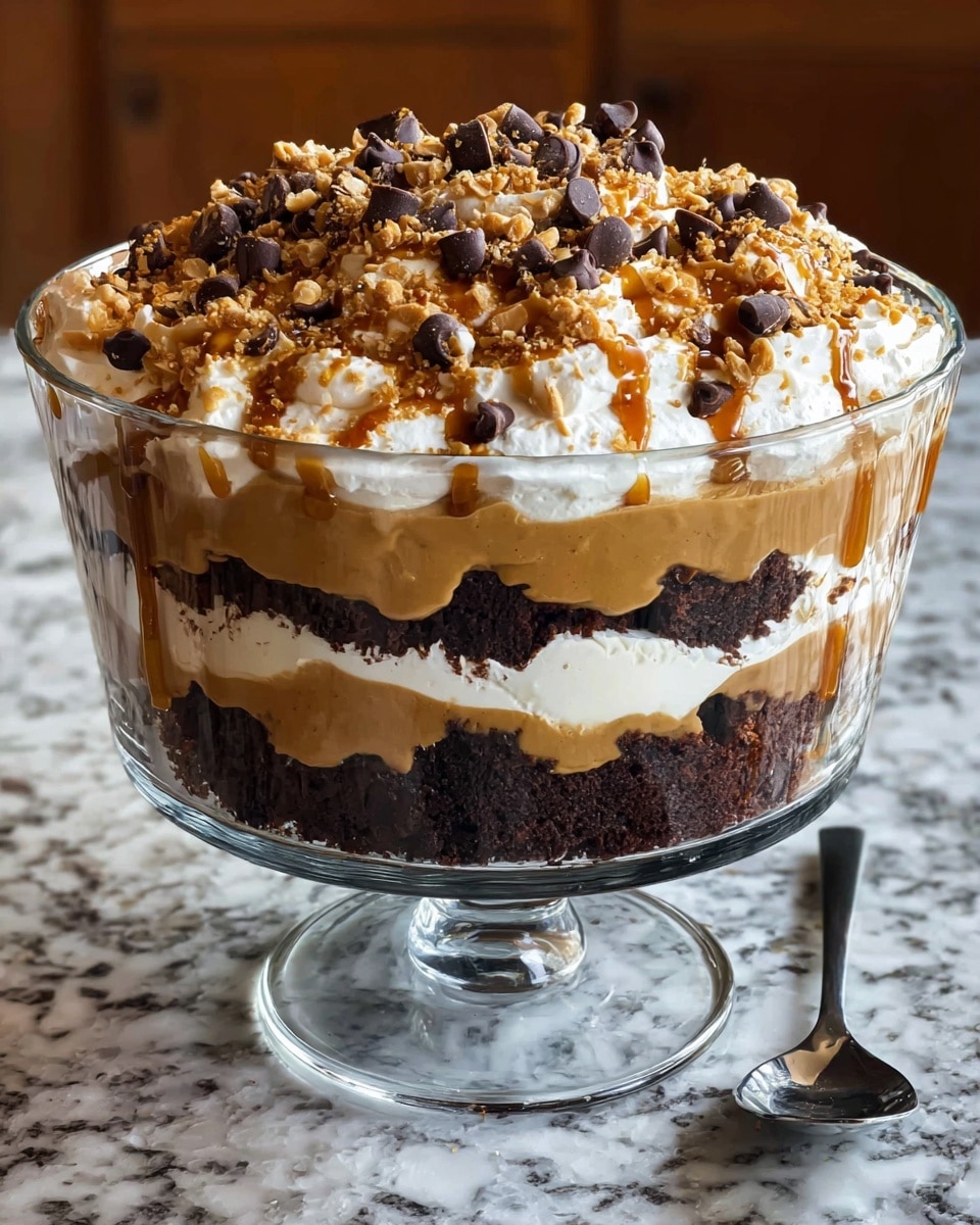 A clear glass trifle bowl holds a layered dessert on a white marbled surface; the bottom layer is smooth peanut butter colored filling, above that is a thick, dark chocolate cake layer with a rough, crumbly texture, followed by a layer of white whipped cream with light and fluffy texture. The dessert is topped with more whipped cream, drizzled with caramel sauce, sprinkled evenly with crushed toffee bits, and topped with scattered dark chocolate chips. A silver spoon rests to the right of the bowl. Photo taken with an iphone --ar 4:5 --v 7