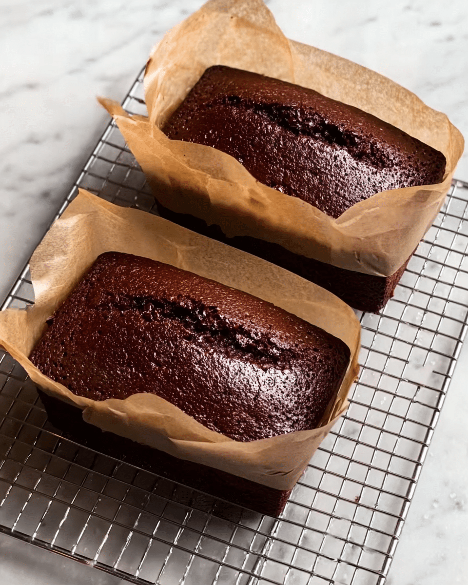 Two small rectangular chocolate cakes are shown cooling on a metal rack. Each cake is wrapped in light brown parchment paper that folds around the base and sides, with the top exposed. The cakes have a rich dark brown color with a slightly cracked and glossy surface that suggests moist texture inside. The metal rack sits on a white marbled texture surface, adding a clean bright background to the scene. photo taken with an iphone --ar 4:5 --v 7