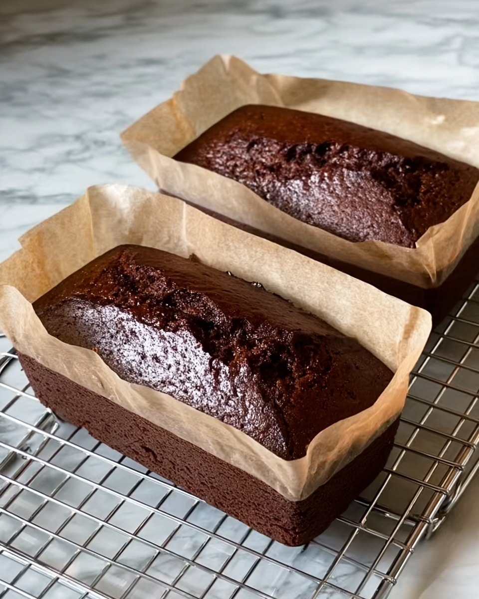 Two small rectangular chocolate cakes with a shiny, cracked dark brown top, each wrapped in light brown parchment paper, are cooling on a silver metal rack. The cakes have a moist texture with some darker spots showing rich chocolate inside. The background is a white marbled surface. Photo taken with an iphone --ar 4:5 --v 7