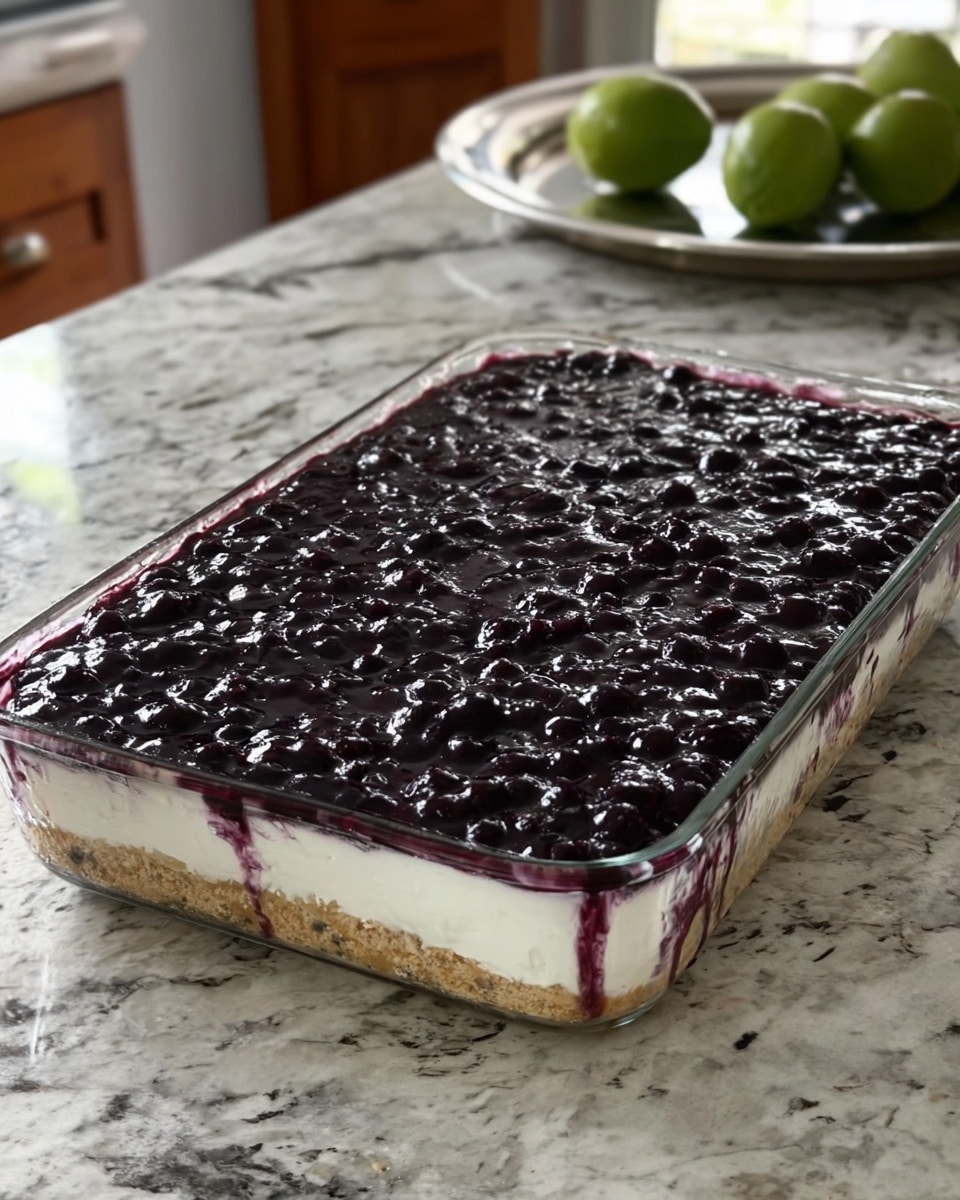 A rectangular glass dish holds a three-layer dessert placed on a white marbled surface. The bottom layer is a light beige crumbly crust, topped with a thick smooth white layer of creamy filling. The top layer is a thick, glossy dark purple blueberry topping, filled with whole blueberries and spread evenly across the dish, slightly dripping down the sides. The background shows part of a kitchen with a white marbled countertop and a round tray holding several green avocados in soft focus. Photo taken with an iphone --ar 4:5 --v 7