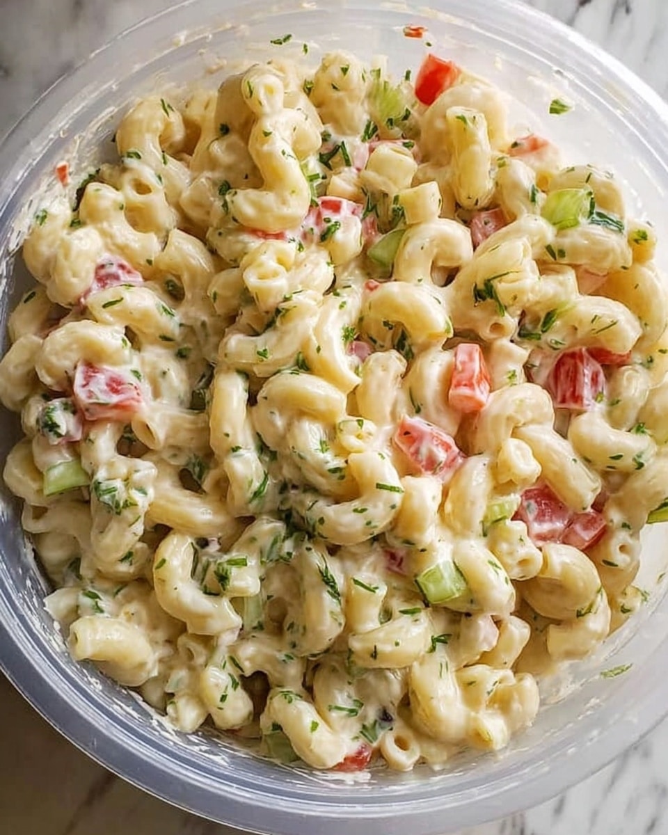 A close-up view of a white plastic container filled with creamy macaroni salad. The salad has three main layers visually: the top layer is curved elbow macaroni in pale yellow with a smooth, creamy texture, mixed throughout with finely chopped fresh green herbs. The middle layer reveals small, bright red pieces of diced tomatoes adding color contrast, while there are also small bits of pale green celery visible throughout. The bottom layer consists of the creamy white dressing that lightly coats all the pasta and vegetables, giving the whole dish a glossy finish. The container sits on a white marbled surface. photo taken with an iphone --ar 4:5 --v 7