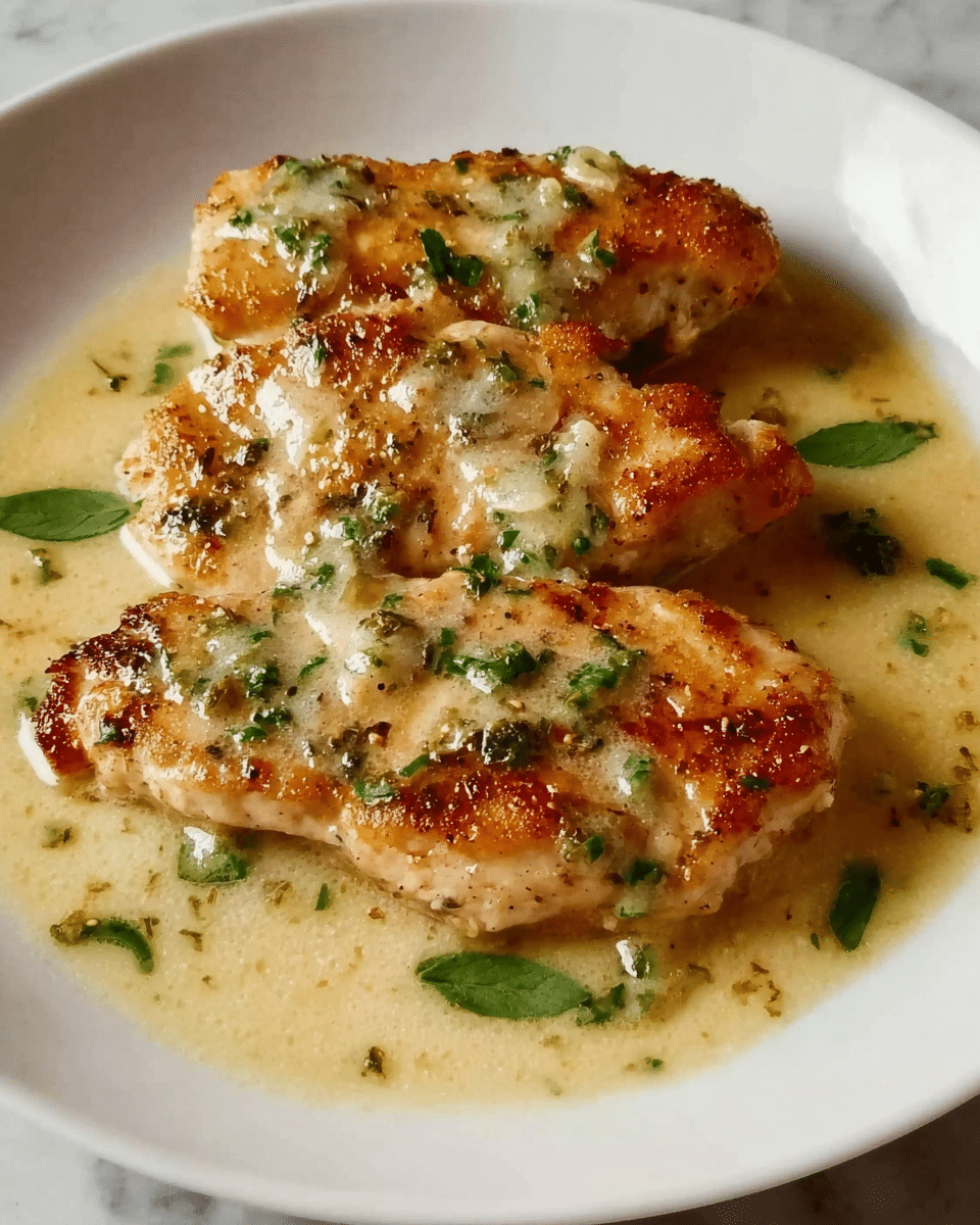 The image shows a close-up of three pieces of cooked chicken sitting on a white plate. The chicken pieces are thick and golden brown with a crispy texture, covered in a creamy sauce that has a light green color with visible herbs scattered on top. There are small green leaves nestled within the sauce and on the chicken, adding a fresh look. The sauce looks rich and slightly glossy, pooling gently around the chicken, and the surface under the plate is white marble. photo taken with an iphone --ar 4:5 --v 7