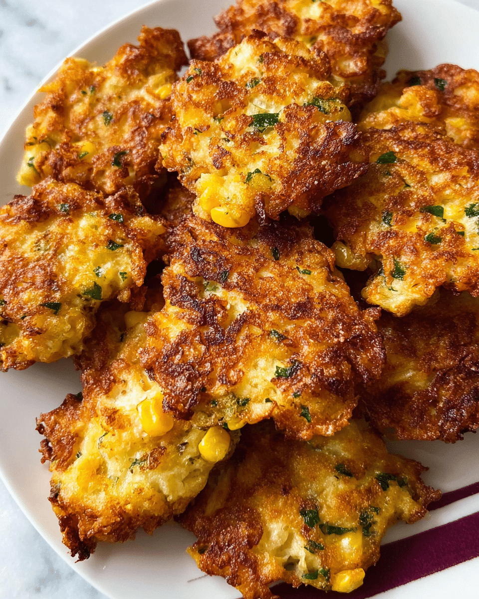 A close-up view of a pile of crispy golden brown fritters with a slightly rough texture, showing small green herb pieces and bits of yellow corn within each piece. The fritters are irregularly shaped, with some darker browned edges and a tender, moist inside. They are placed on a white plate with a partial view of a striped white and burgundy surface beneath, all set against a white marbled texture background. photo taken with an iphone --ar 4:5 --v 7